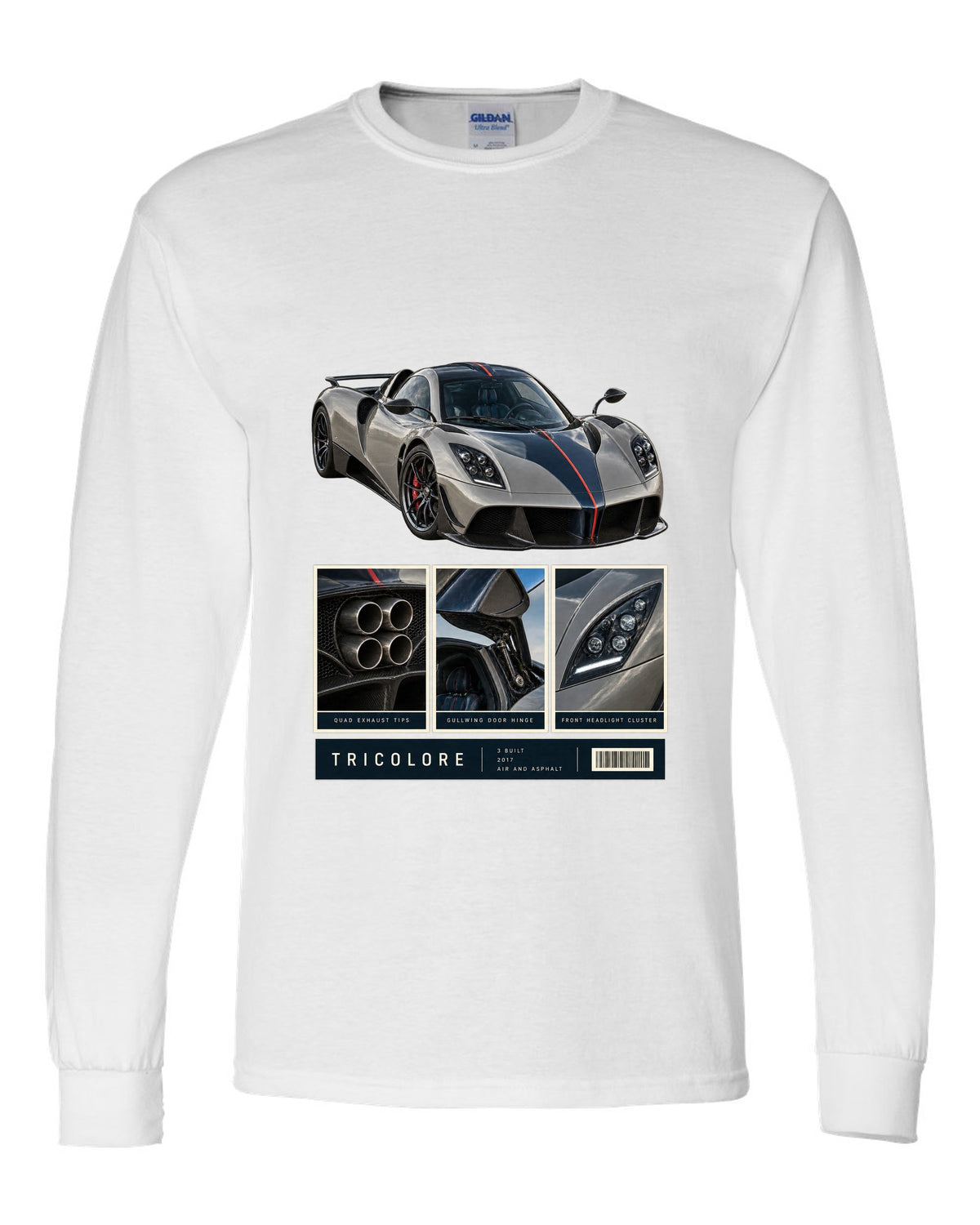 Dossier panel print of the Pagani Huayra Tricolore with the text Tricolore, 3 built, 2017, air and asphalt white long sleeve front view with the design