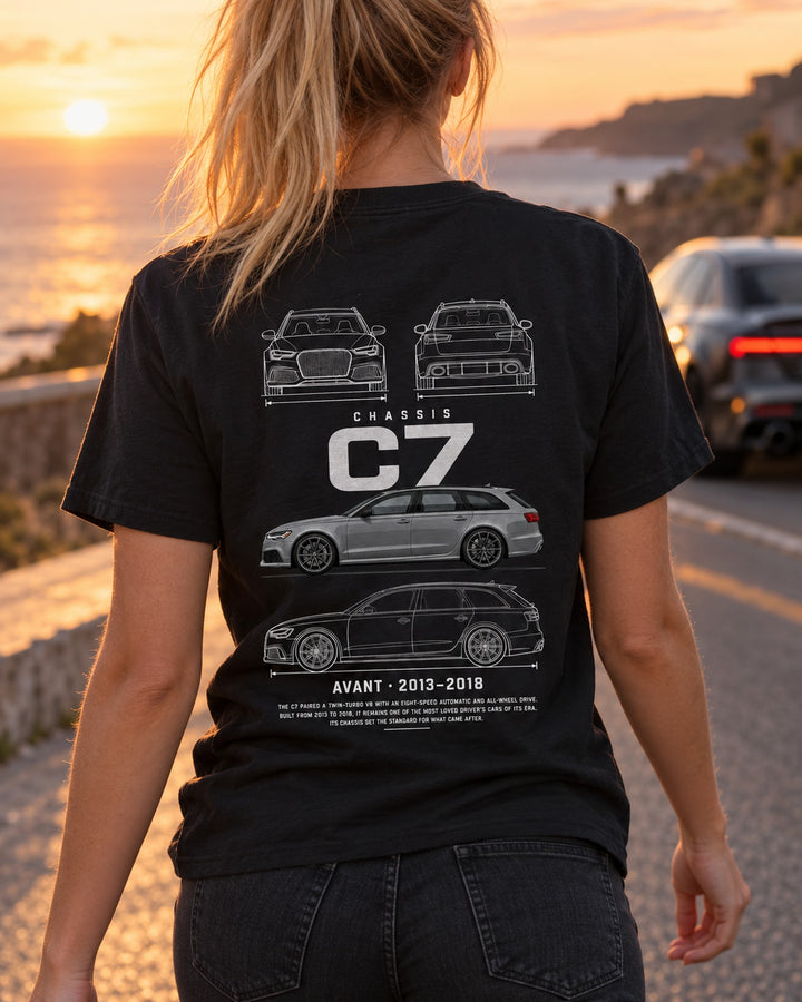 Audi C7 RS6 Avant wagon Blueprint Full-Back Graphic Tee, C7 Chassis Code T-Shirt Black worn hero