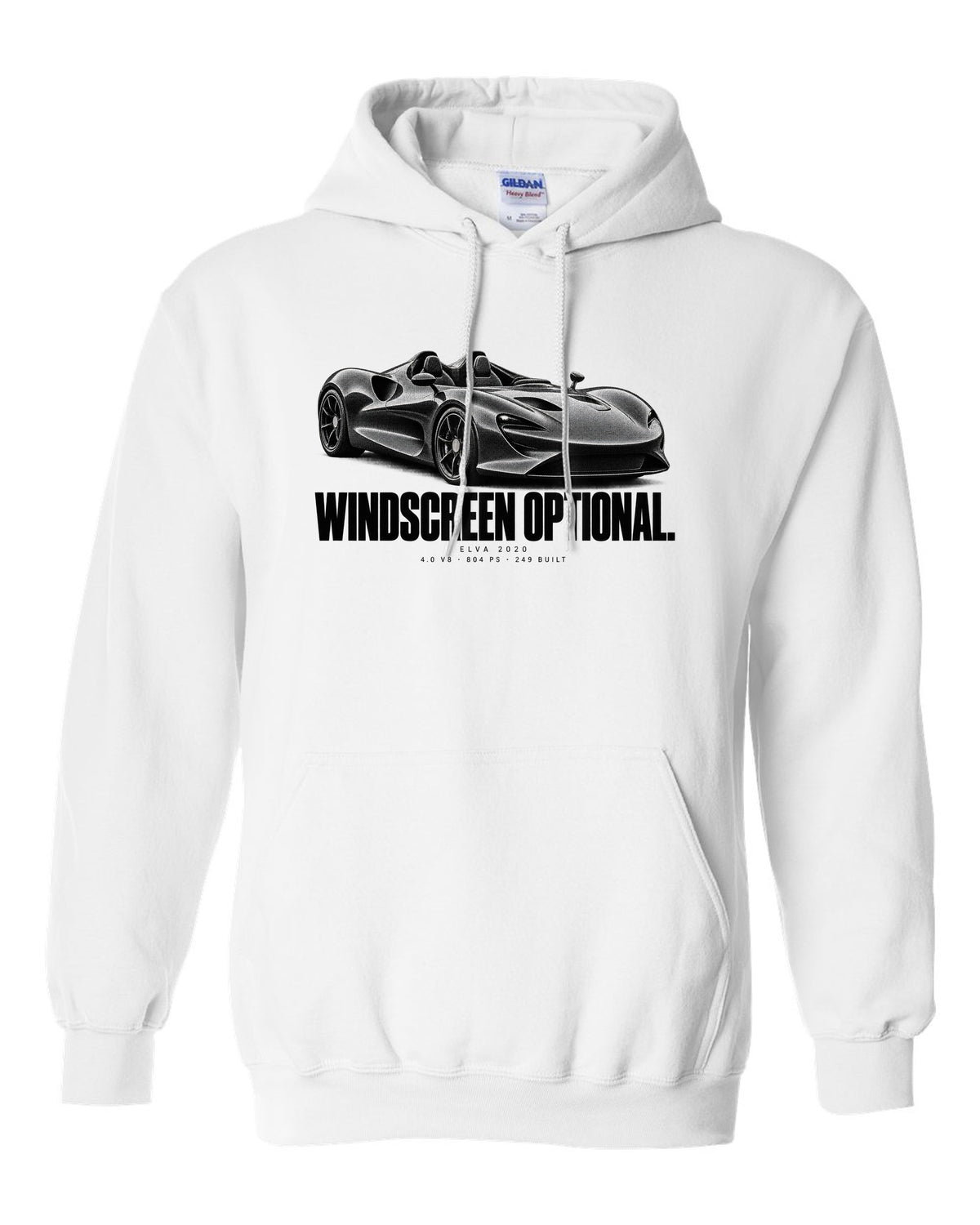 Halftone print of a 2020 McLaren Elva with windscreen optional text and 804 PS white pull over hoodie front view with the design