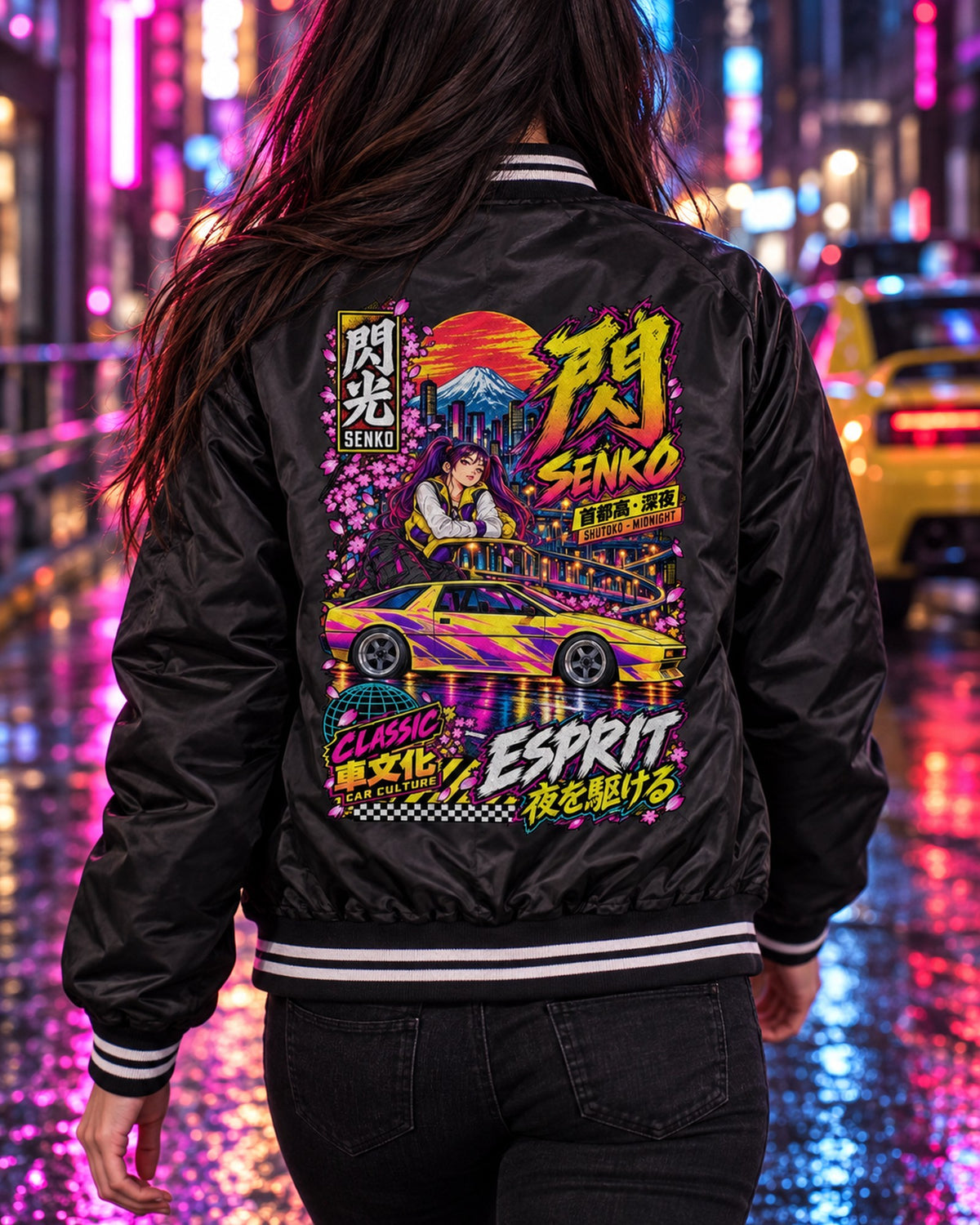 SENKO ESPRIT Anime Girl Full-Back Graphic Tee Bomber Jacket Black worn hero