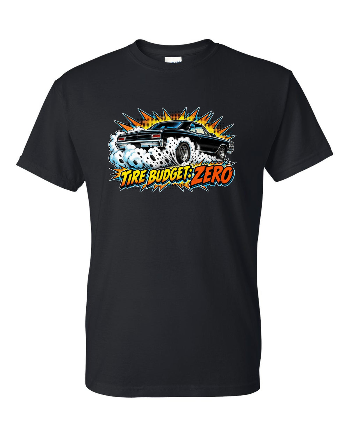 Comic halftone burst illustration of a 1966 Chevrolet Chevelle Malibu SS doing a burnout black t-shirt front view with the design