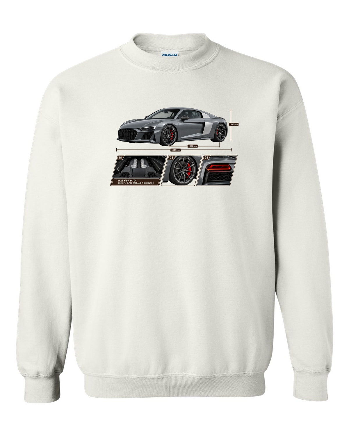 Dossier panel print of a Nardo grey Audi R8 V10 Performance white crewneck front view with the design