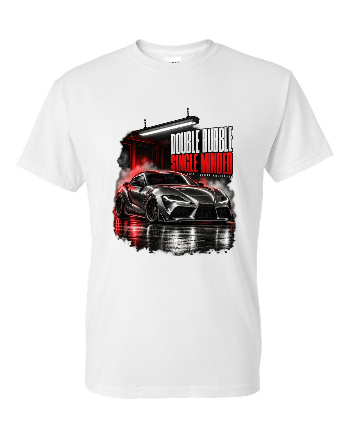 Garage night print of a Toyota GR Supra A90 with the text Double Bubble Single Minded white t-shirt front view with the design