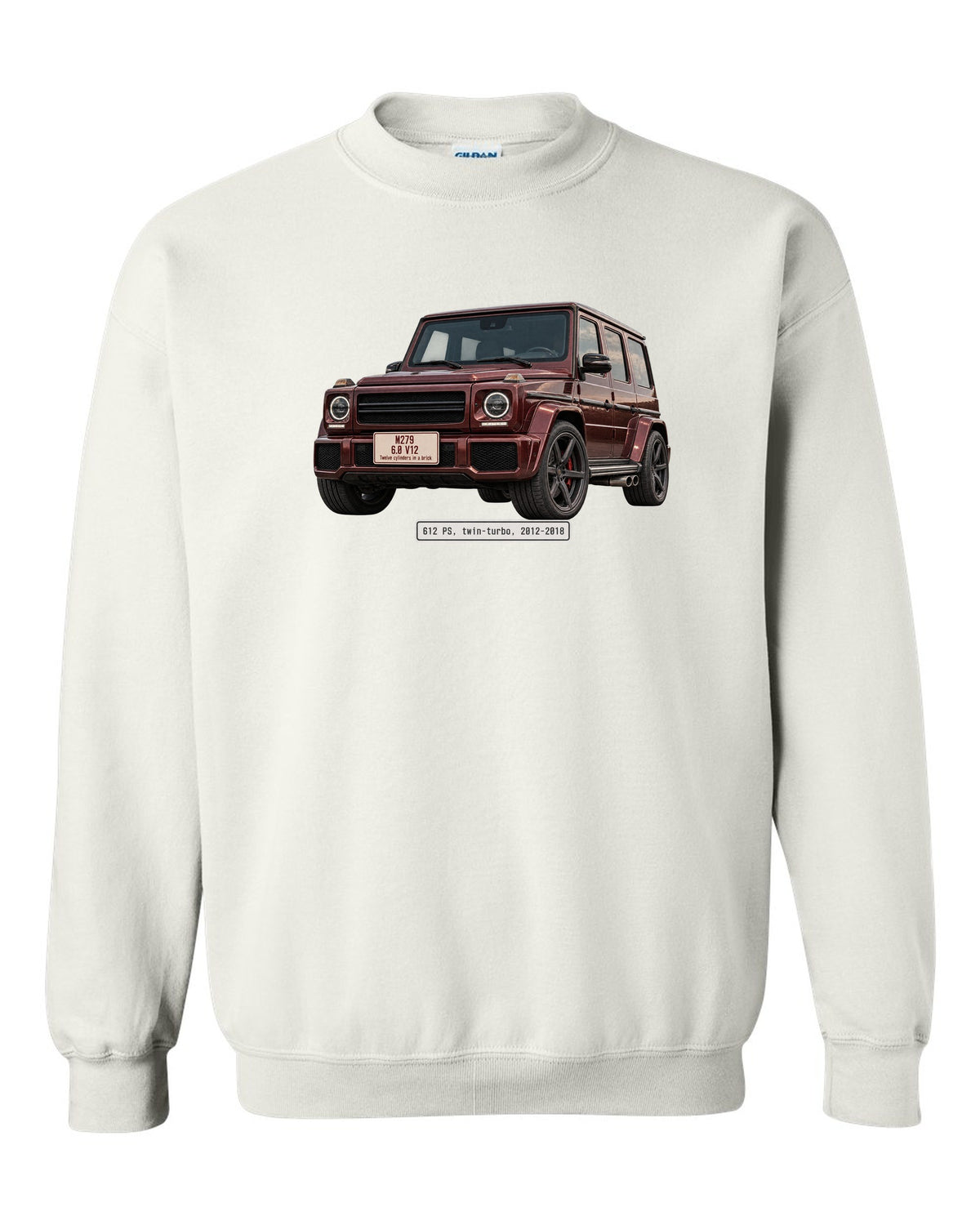 Editorial headline print of a Mercedes-AMG G65 W463 V12 white crewneck front view with the design