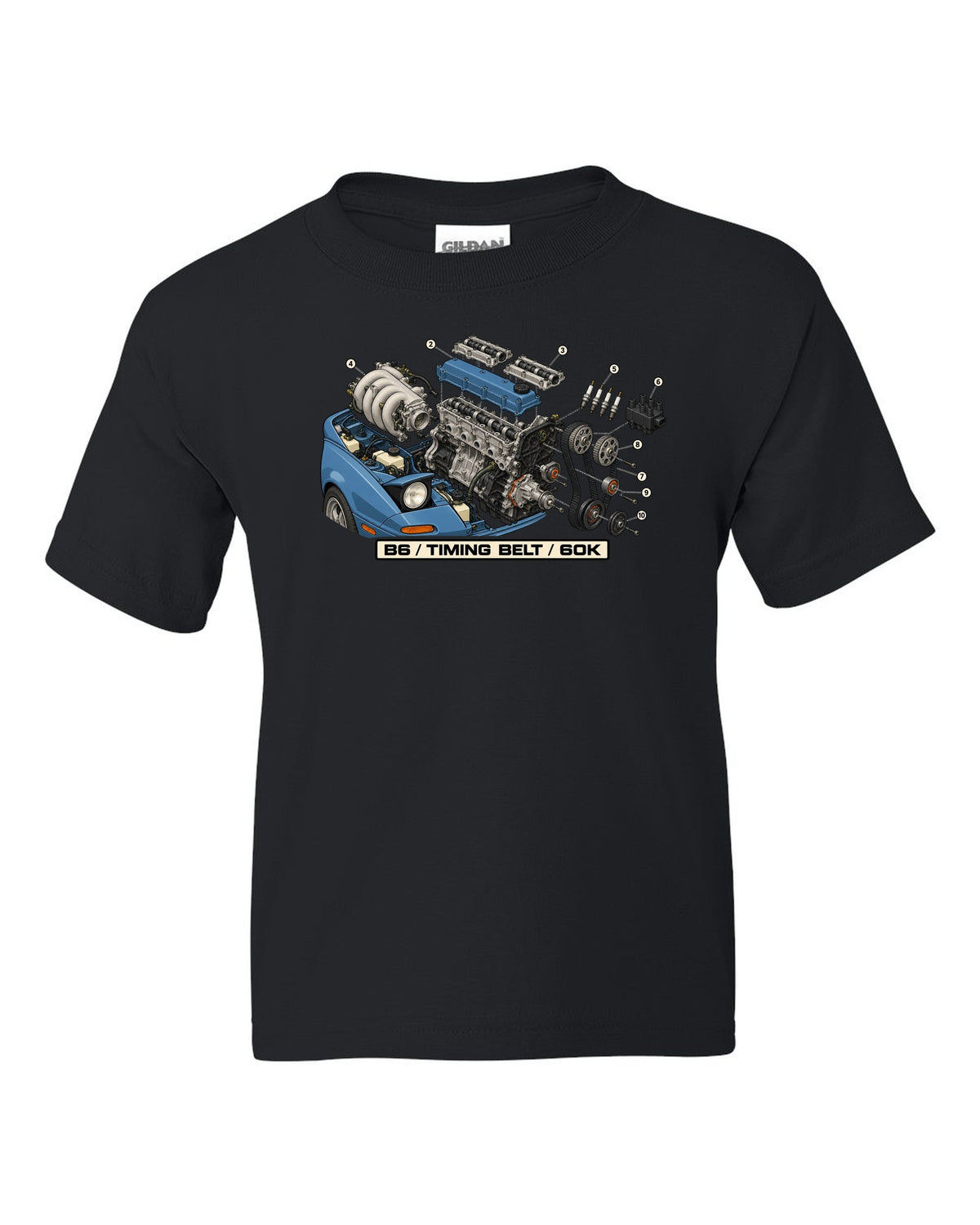 Exploded engine diagram print of a Mazda MX-5 NA B6 1.6L with timing belt 60K text black kids tee front view with the design