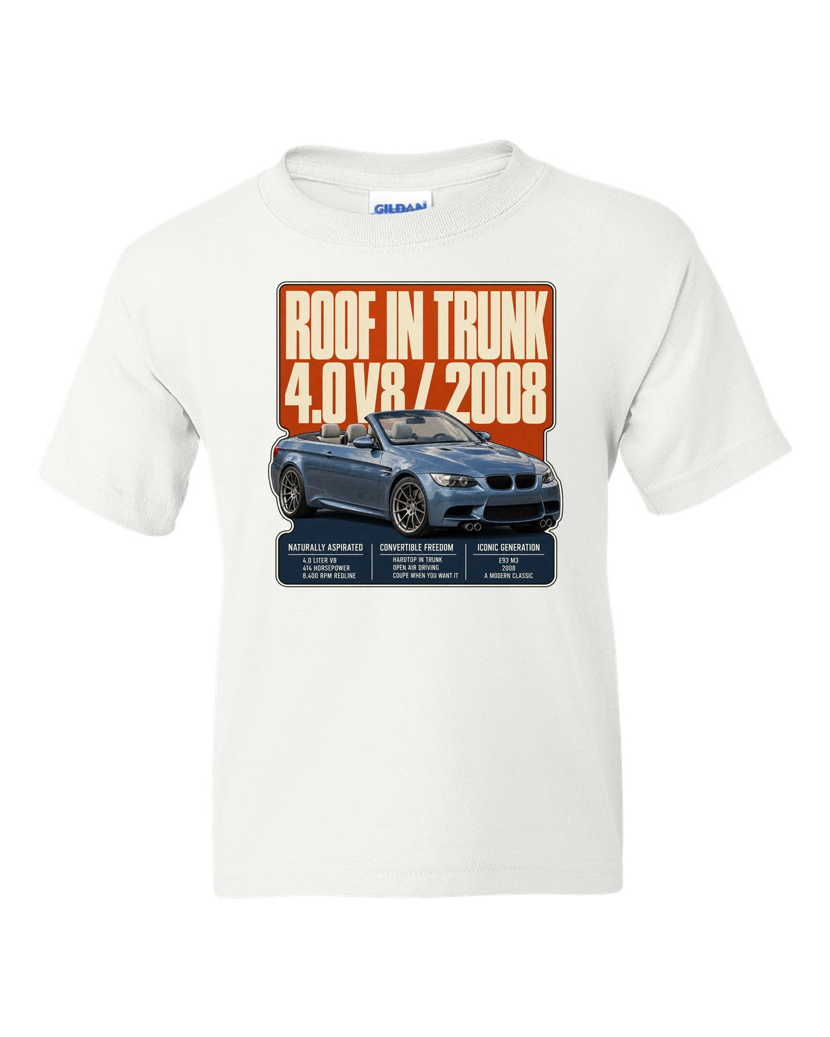BMW M3 E93 convertible editorial headline print white kids tee front view with the design