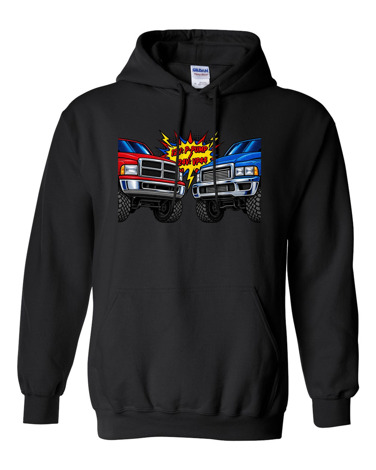 Comic halftone print comparing the 12V P-pump and 24V VP44 Cummins in a Ram 2500 black pull over hoodie front view with the design