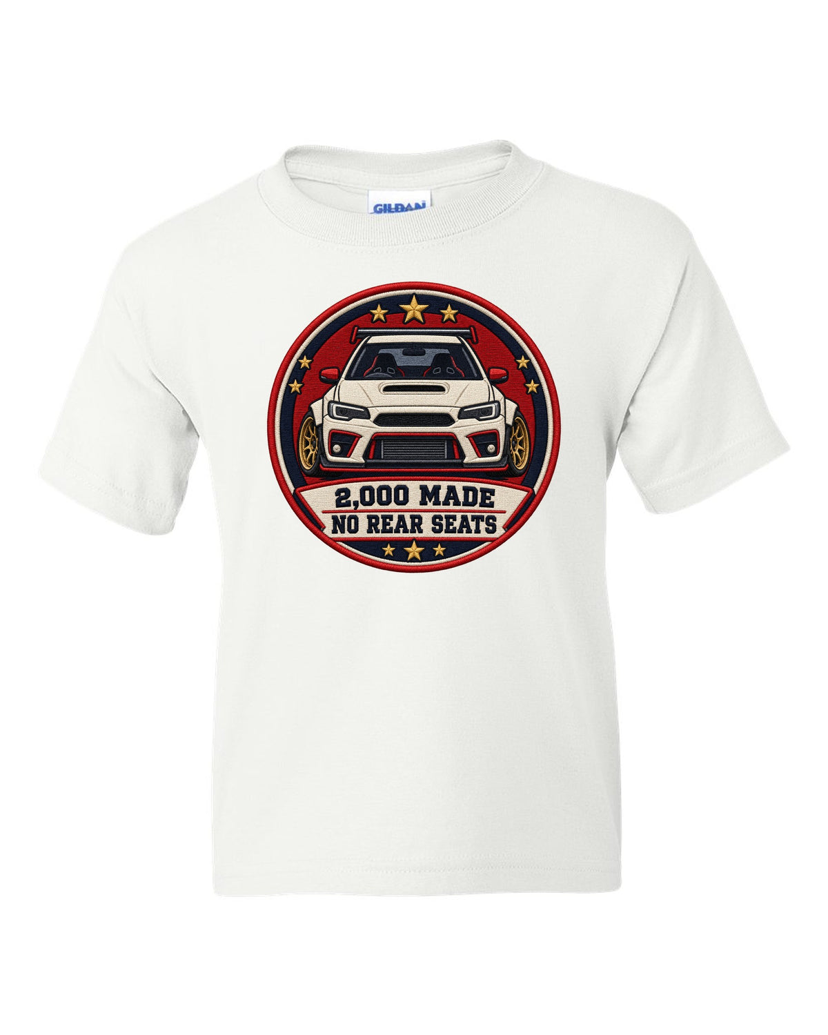 Embroidery-style varsity crest print for the Mini GP1 R53 with 2,000 made and no rear seats text white kids tee front view with the design