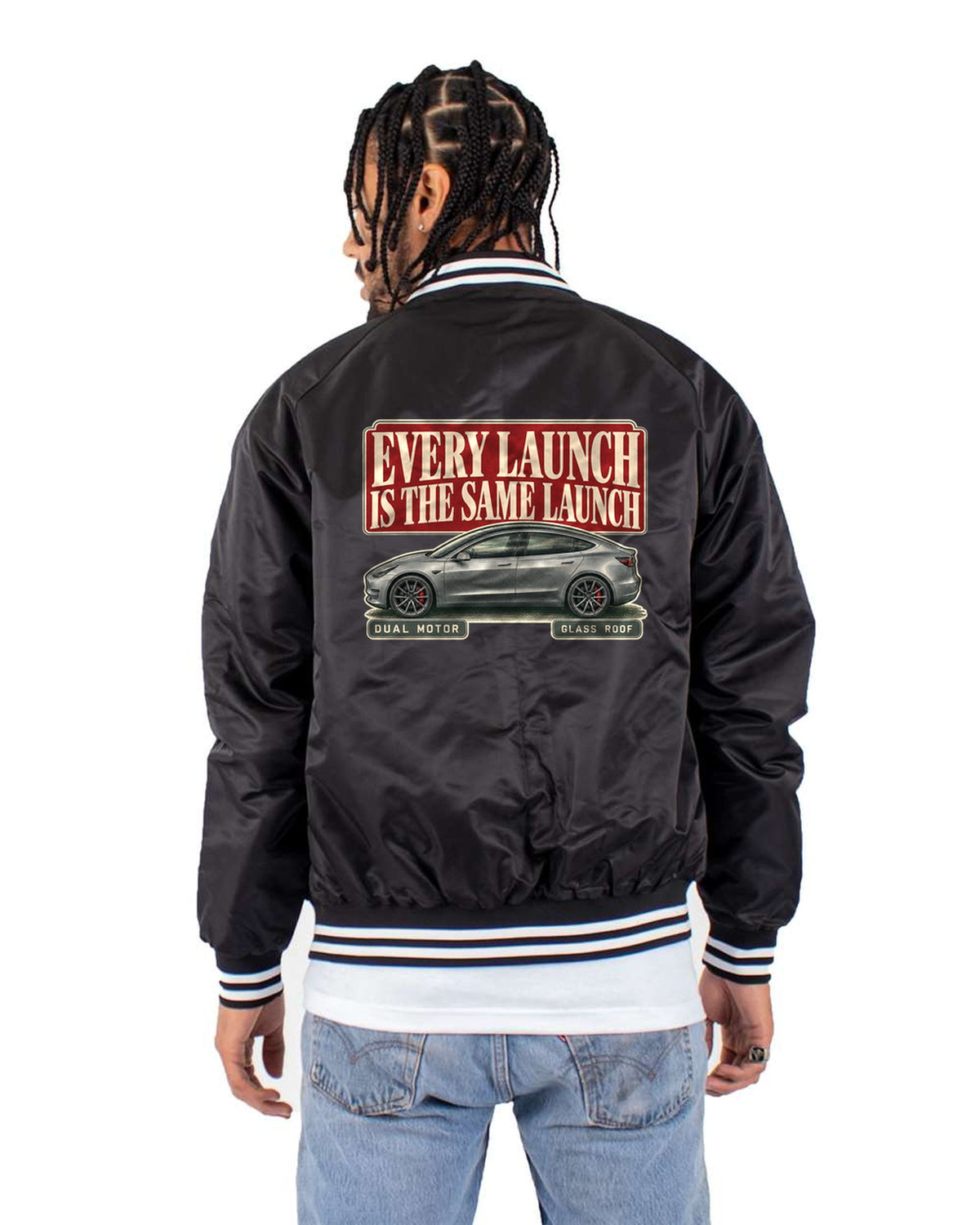 Tesla Model 3 Performance Editorial Headline Tee, 2018-2023 Bomber Jacket Black back
