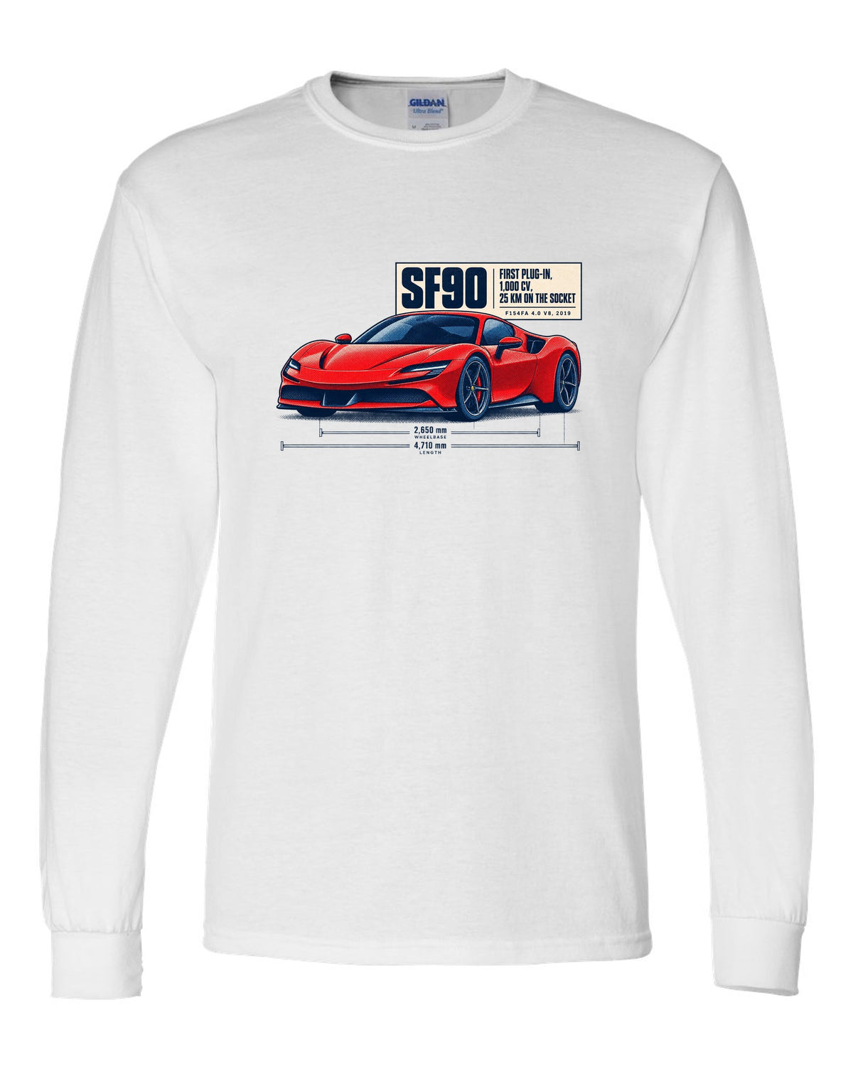 Ferrari SF90 Stradale halftone print with first plug-in, 1,000 CV text white long sleeve front view with the design