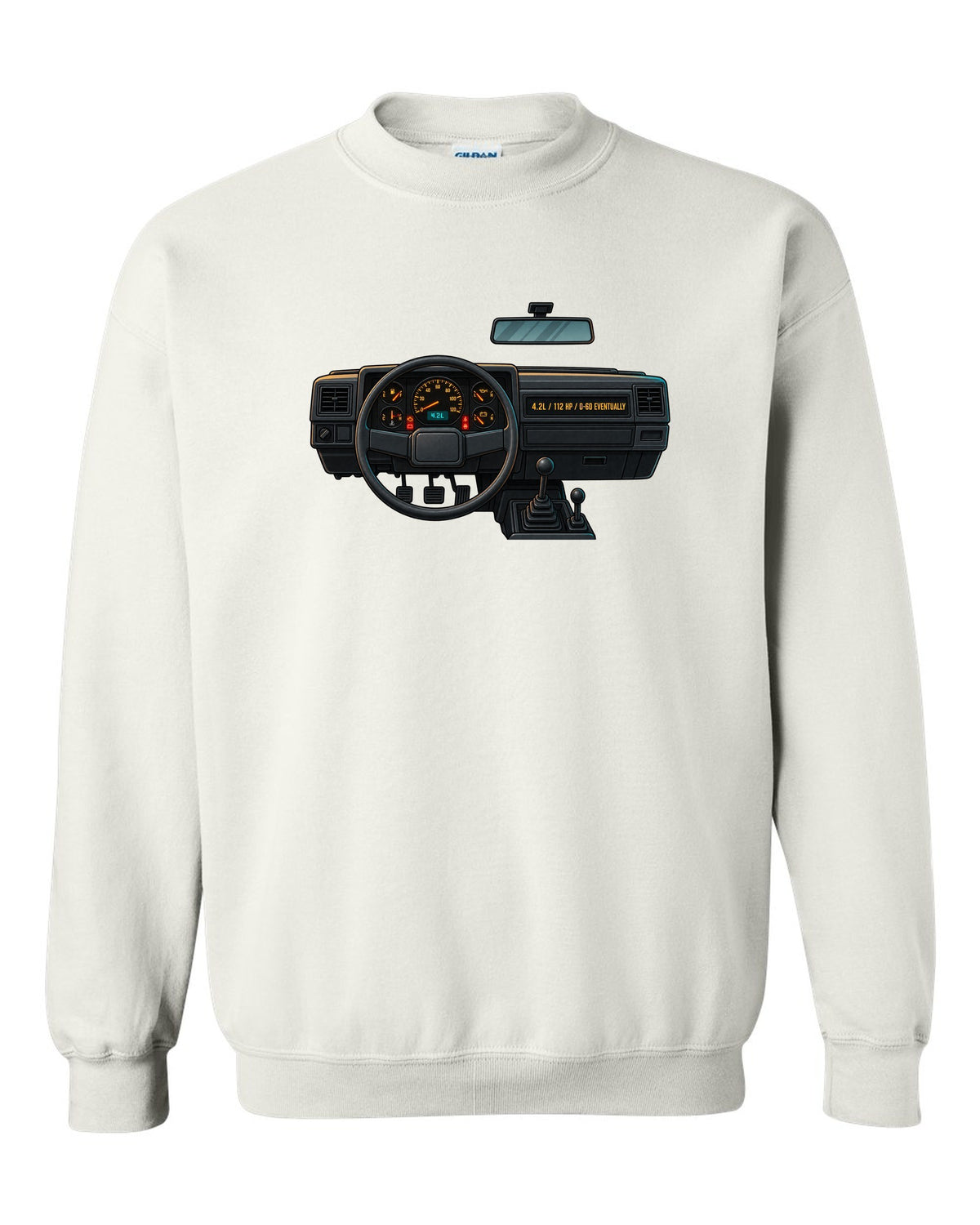 Gauge-cluster HUD print of a Jeep Wrangler YJ with 4.2L and 112 HP text white crewneck front view with the design