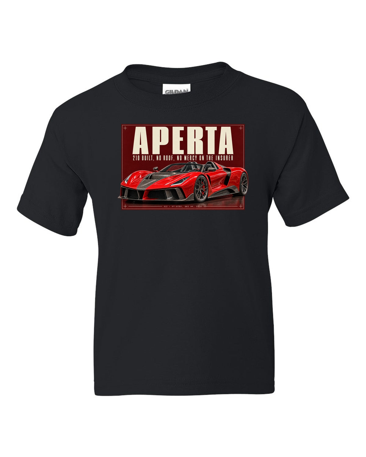 Ferrari LaFerrari Aperta editorial headline print, 210 built black kids tee front view with the design
