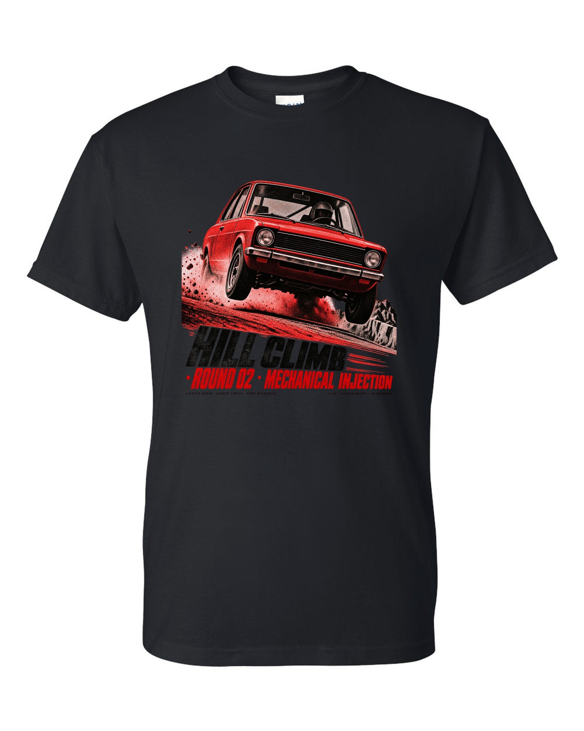 BMW 2002 tii hill climb race poster print with mechanical injection text black t-shirt front view with the design