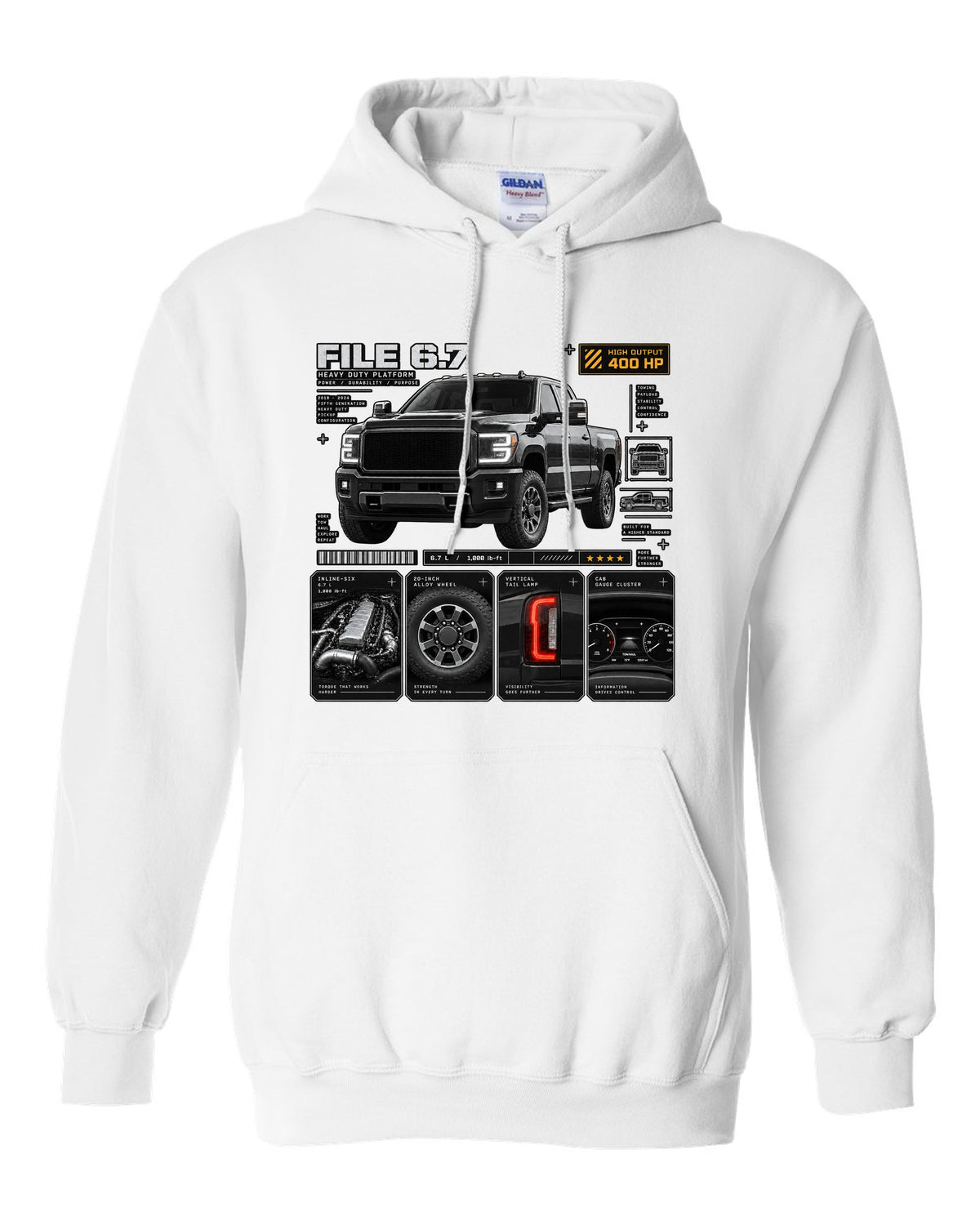Dossier print of a 2019-24 Ram HD 2500 5th gen in a three-quarter front view white pull over hoodie front view with the design