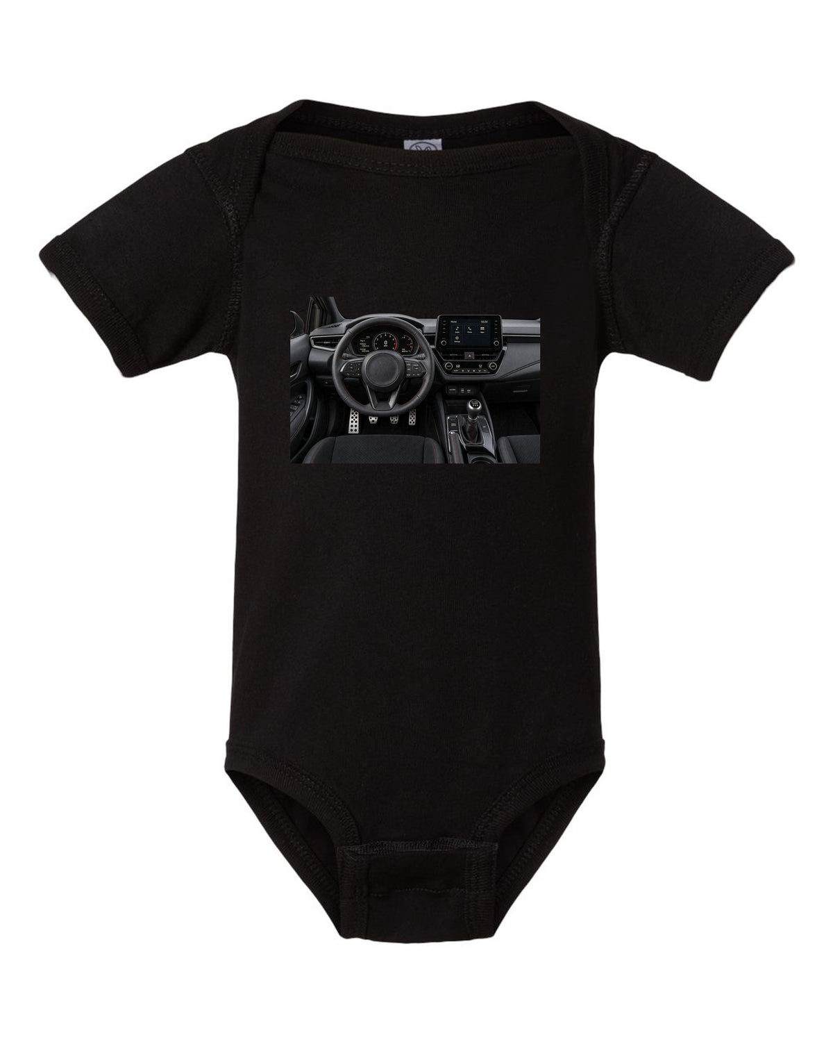 Overhead Toyota GR Yaris G16E-GTS engine bay illustration black baby onesie front view with the design