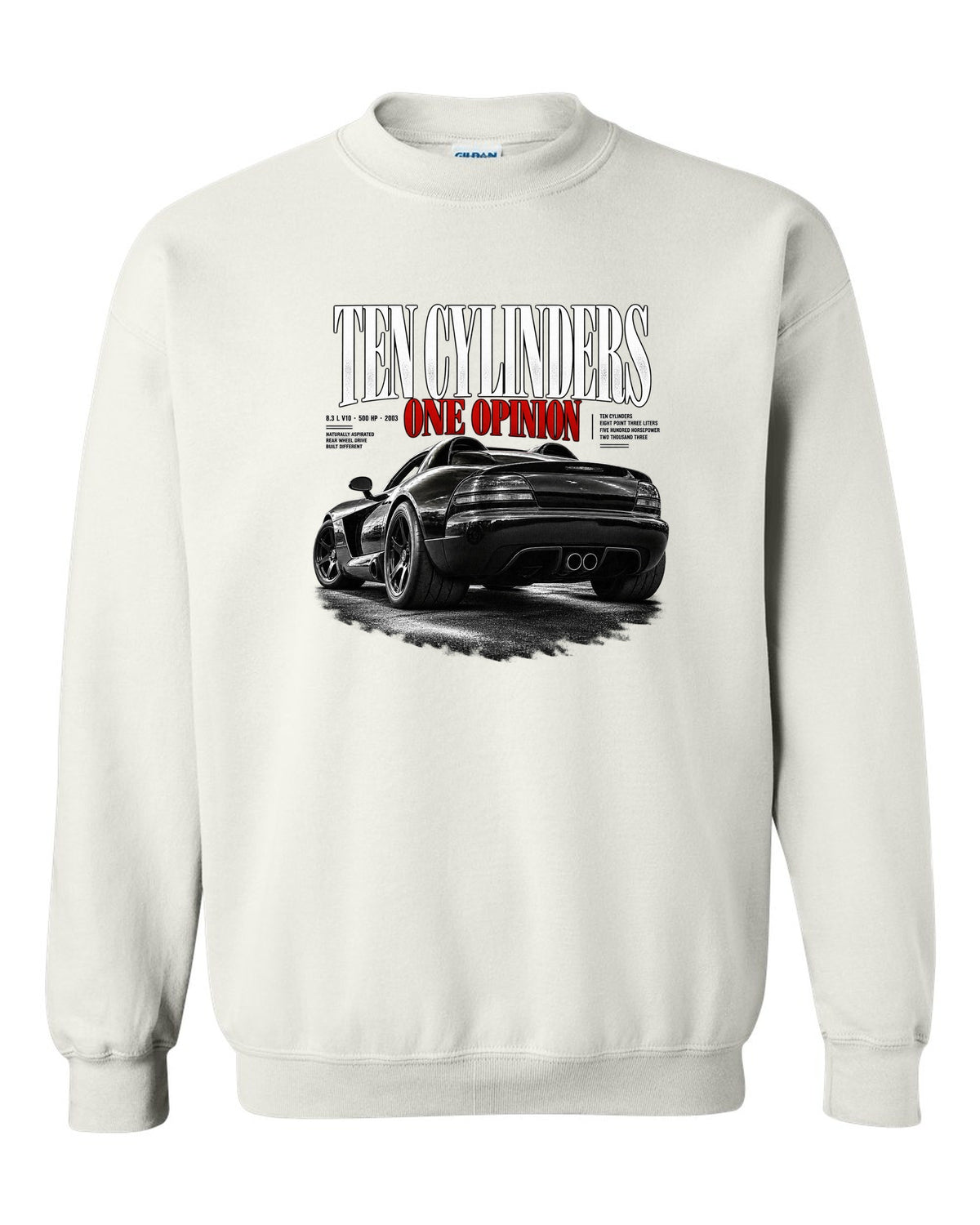 2003 Dodge Viper SRT-10 ZB I rear three-quarter editorial headline print white crewneck front view with the design