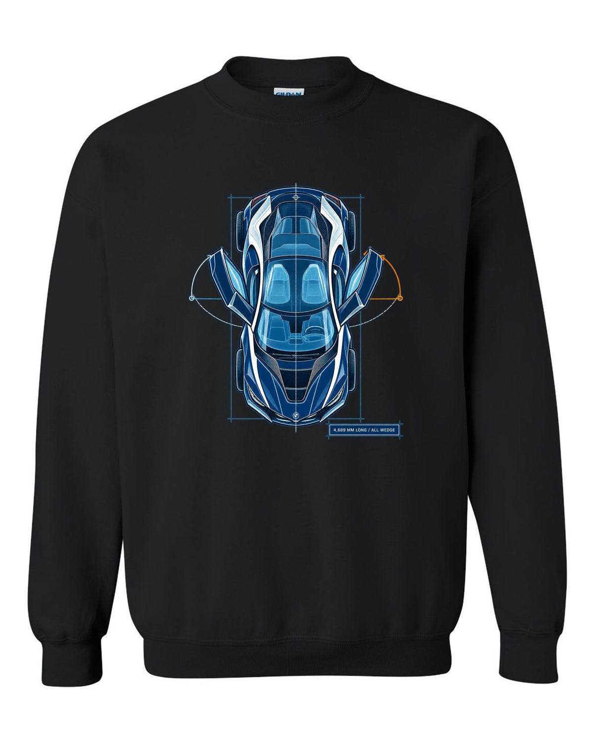 BMW i8 I12 cyanotype blueprint plan view print with 4,689 mm long text black crewneck front view with the design