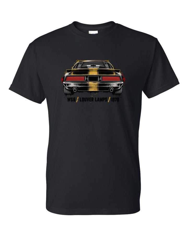 1978 Pontiac Firebird Formula rear taillights cutout in stencil style black t-shirt front view with the design