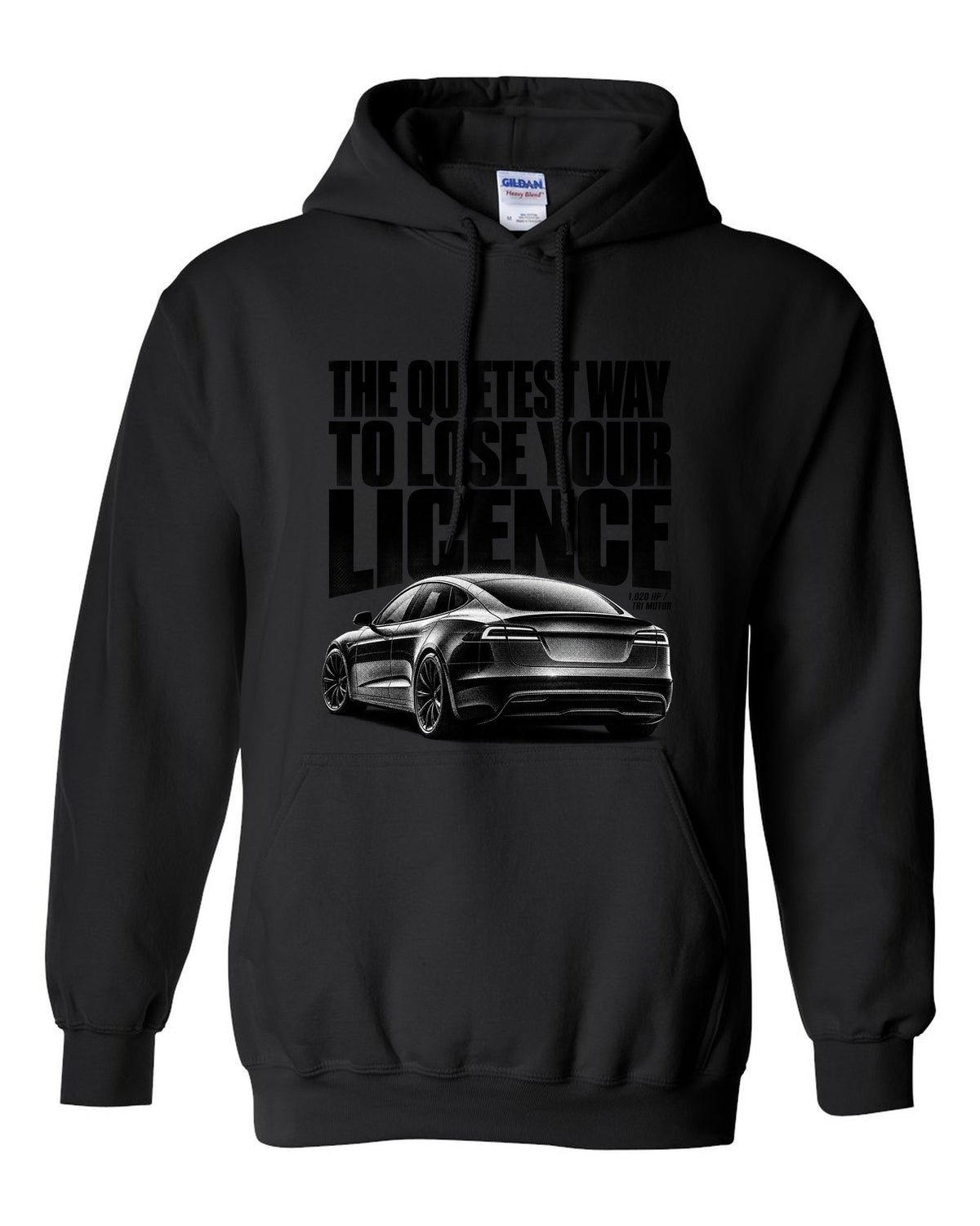 Halftone print of a Tesla Model S Plaid rear three-quarter view black pull over hoodie front view with the design