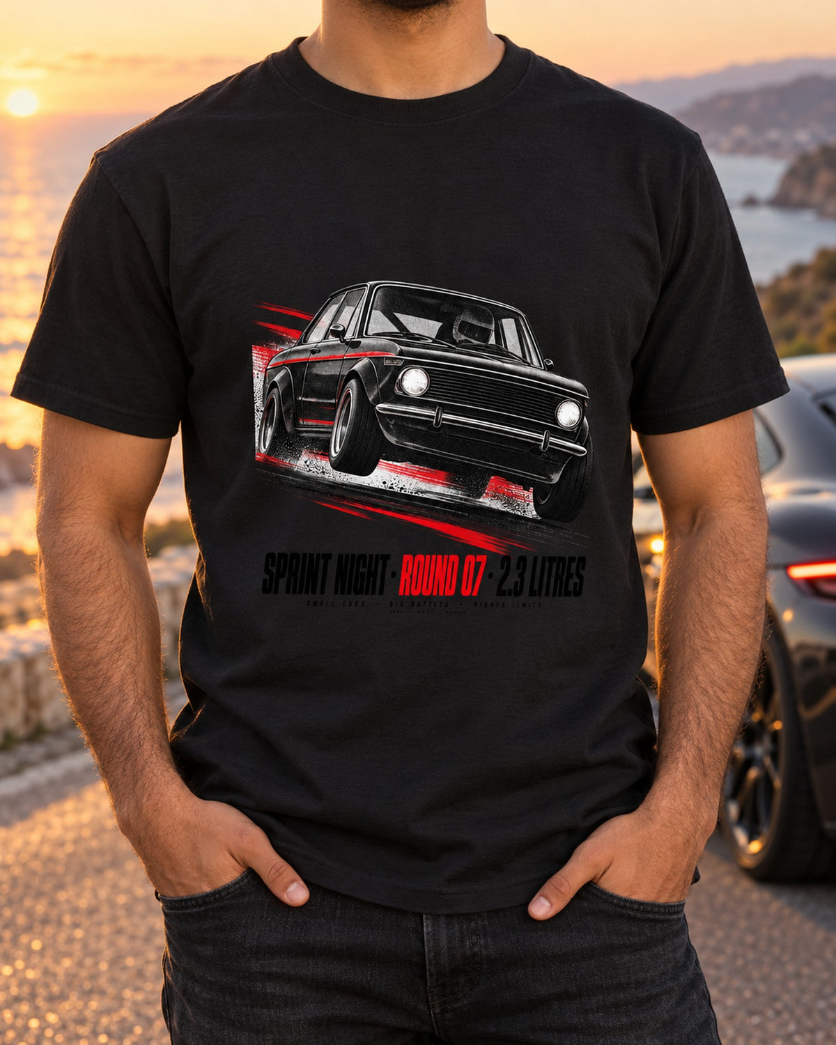 BMW E30 M3 Sprint Night Round 07 Race Poster Tee, 2.3 Litres T-Shirt Black worn hero
