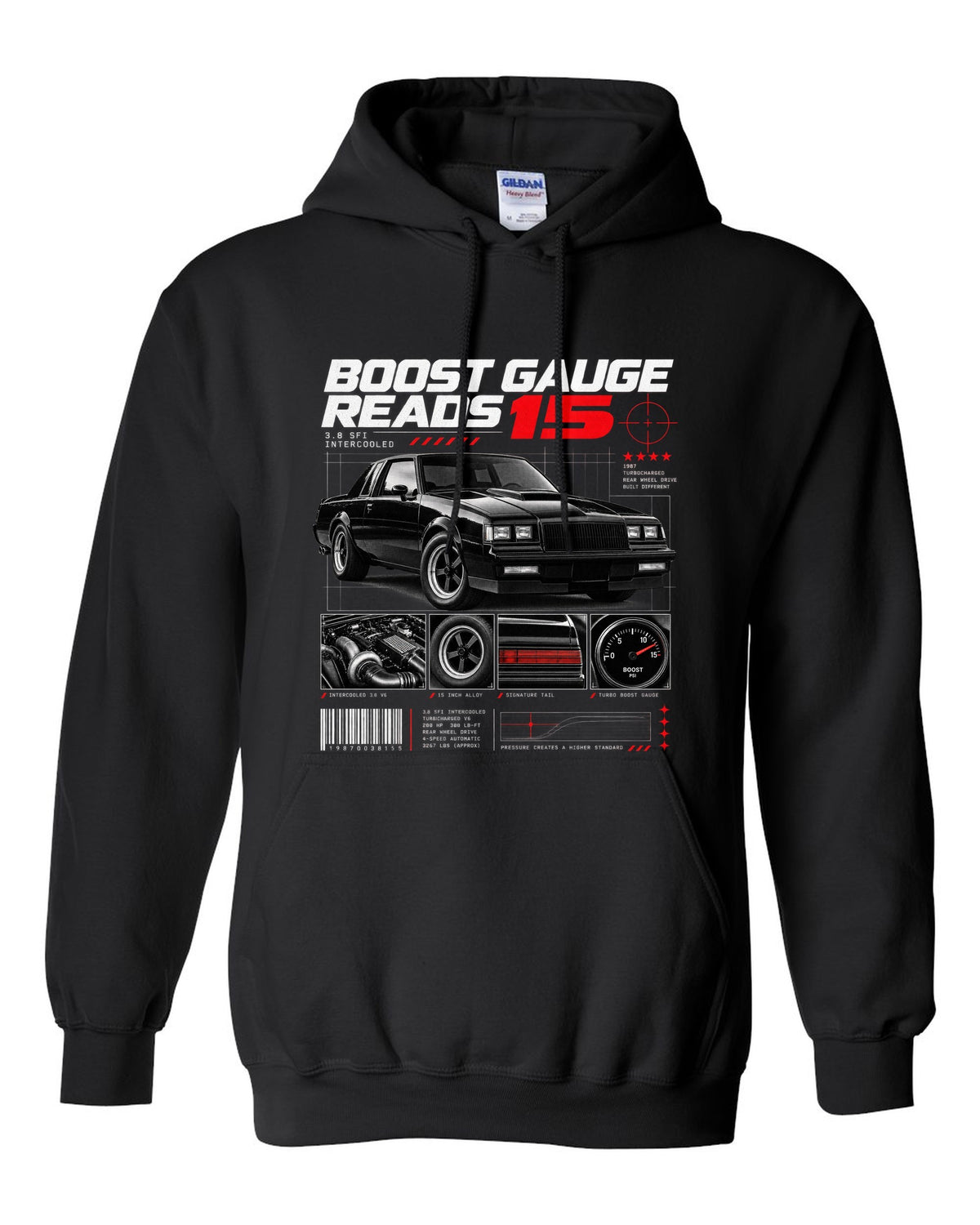 Dossier-panel print of a 1987 Buick Regal Grand National with 3.8 SFI and boost gauge notes black pull over hoodie front view with the design