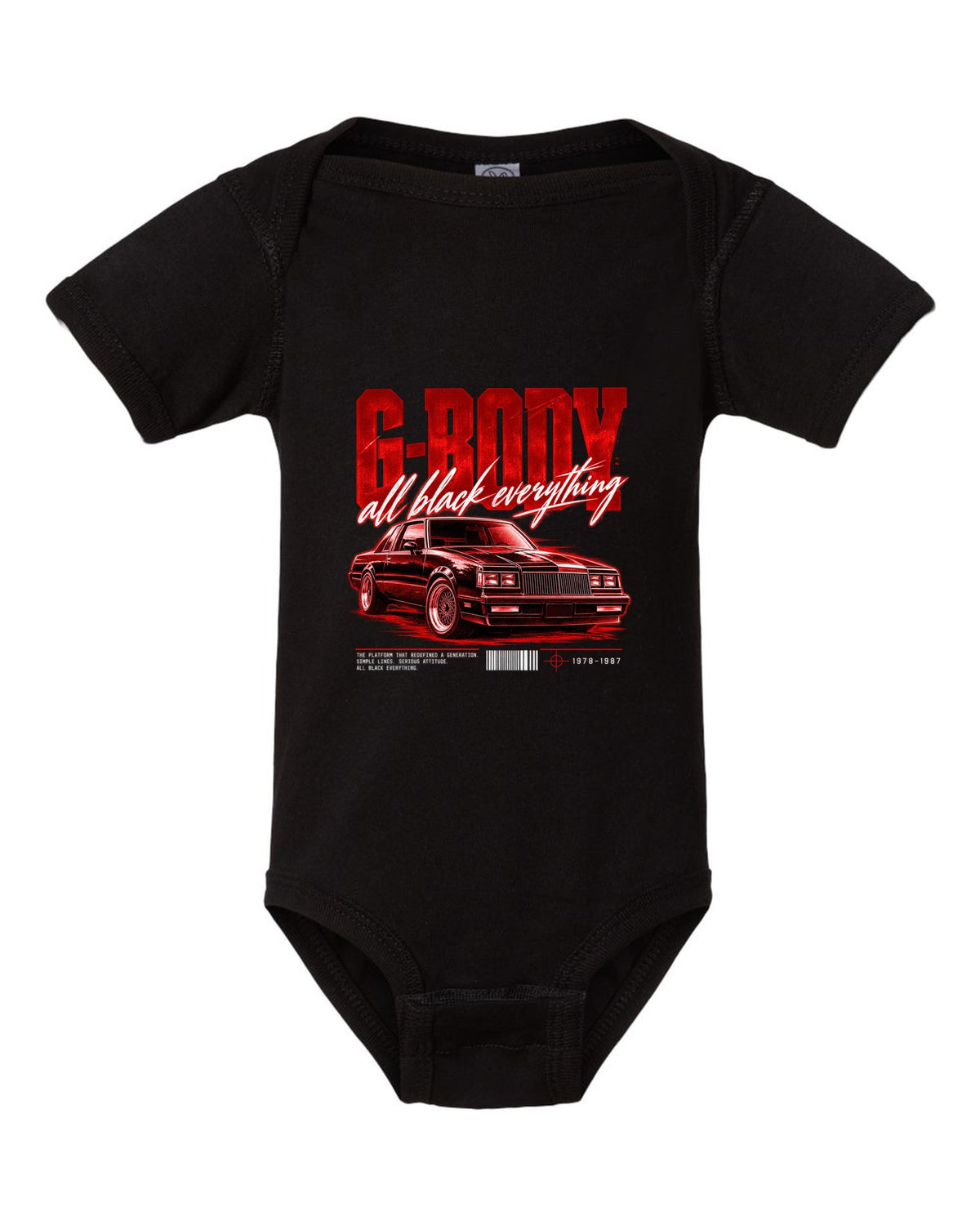 print street poster of an all black Buick Regal G-body coupe 1984-87 black baby onesie front view with the design