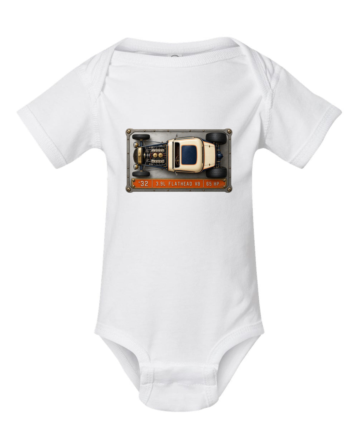 Spec sheet data plate print of a top-down 1932 Ford Deuce coupe with flathead V8 lettering white baby onesie front view with the design