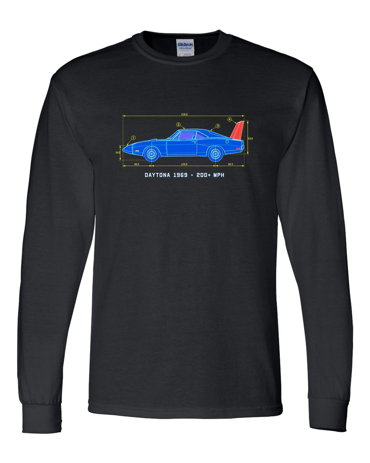1969 Dodge Charger Daytona blueprint patent sheet print with 200+ MPH text black long sleeve front view with the design