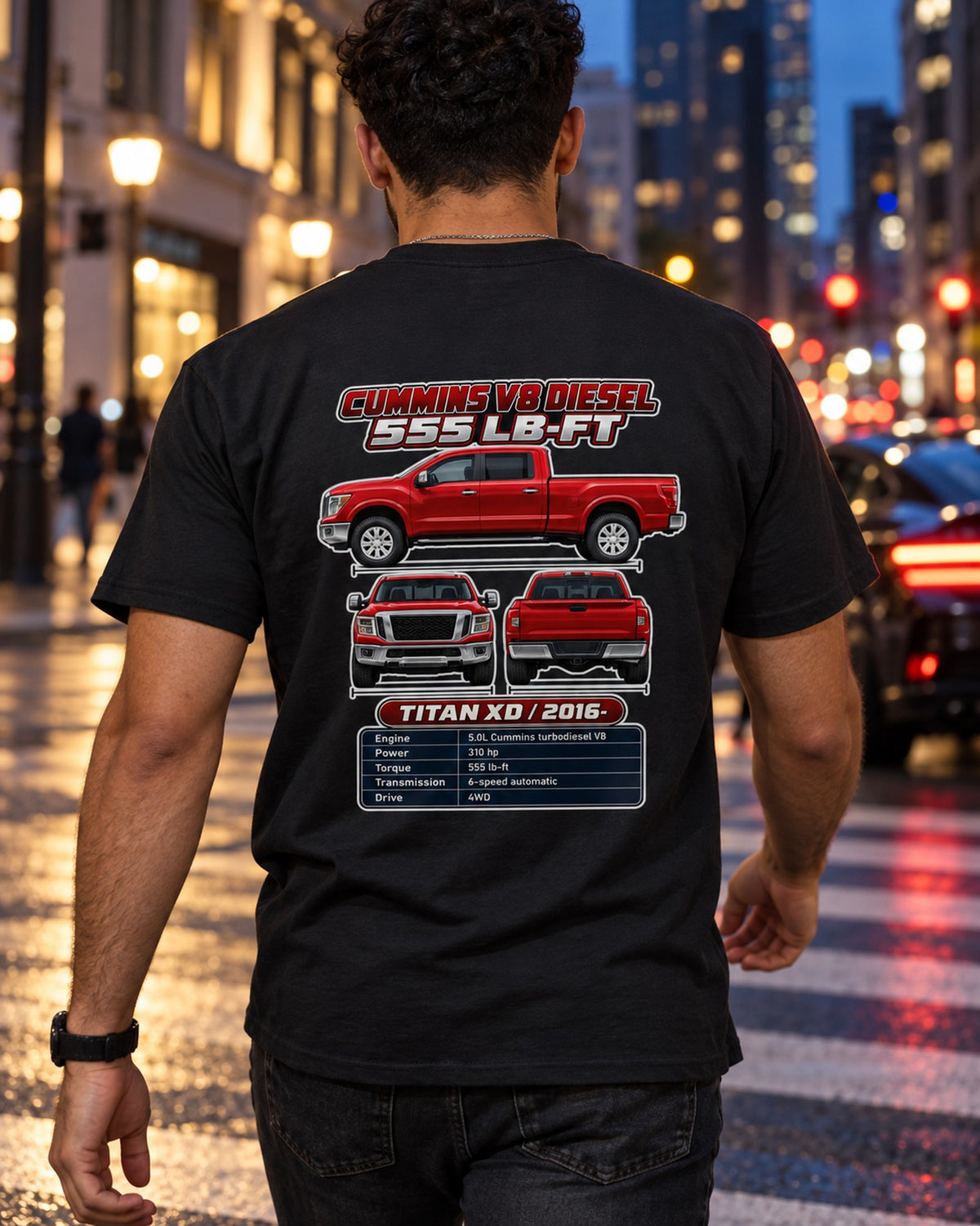 Nissan Titan Xd Spec Sheet Full-Back Graphic Tee T-Shirt Black worn hero