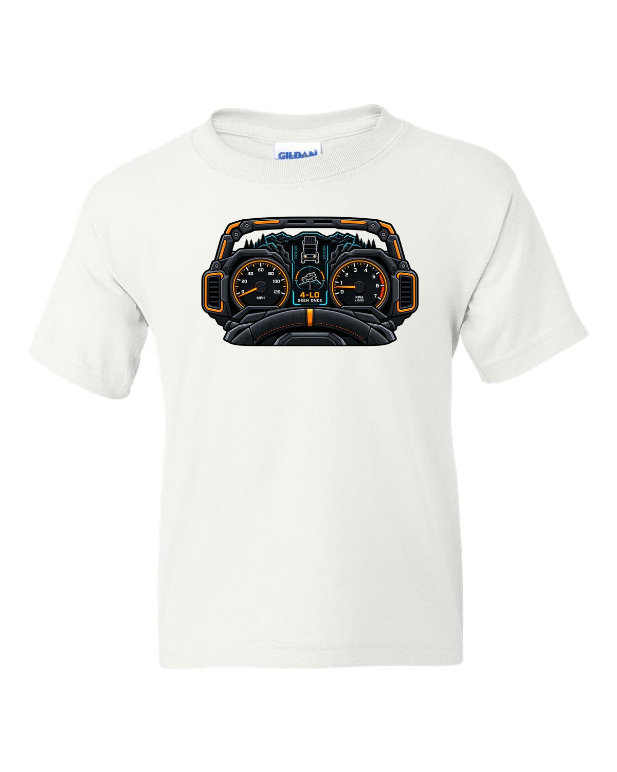 Ford Bronco 6G U725 gauge cluster HUD print white kids tee front view with the design
