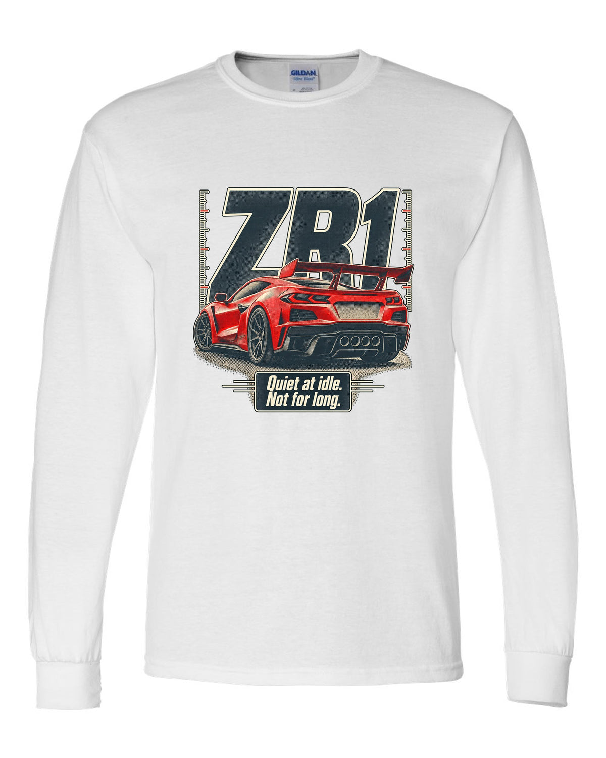 Halftone print of a Chevrolet Corvette C8 ZR1 with a quiet at idle statement white long sleeve front view with the design