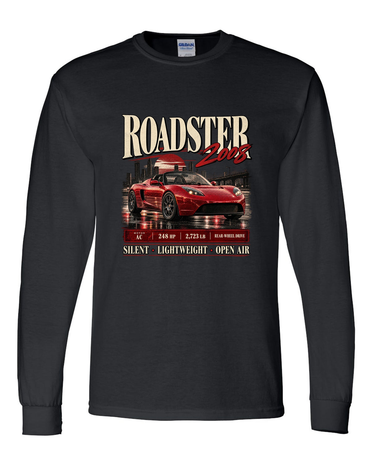 Tesla Roadster Gen 1 2008 archive panel with AC motor, 248 HP, 2,723 lb and rear-wheel drive black long sleeve front view with the design