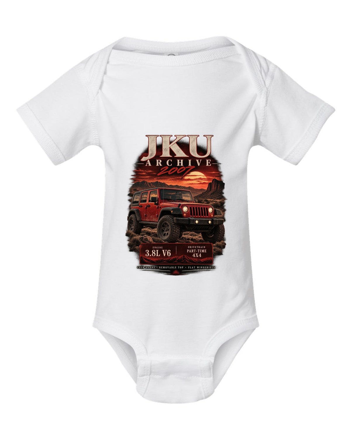Archive panel print for the 2007 Jeep Wrangler JKU, 3.8L V6 four-door white baby onesie front view with the design