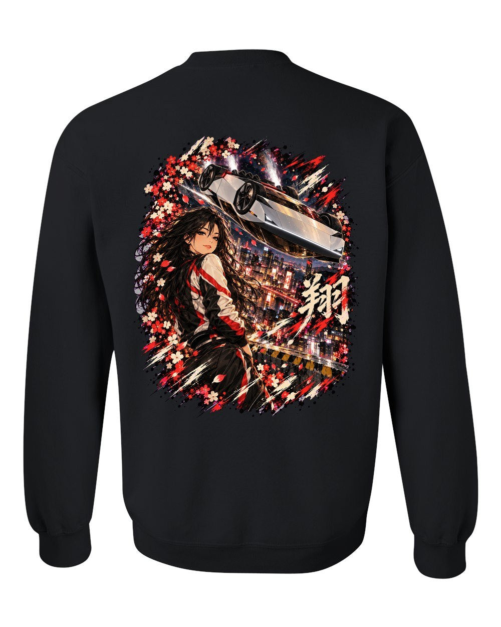 Tesla Roadster Flip Anime Girl Crewneck Black back