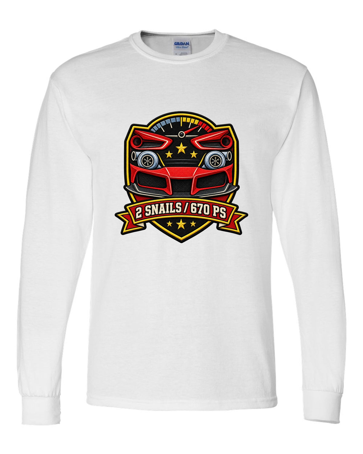 Shield layout for the Ferrari 488 GTB with 2 snails and 670 PS text white long sleeve front view with the design
