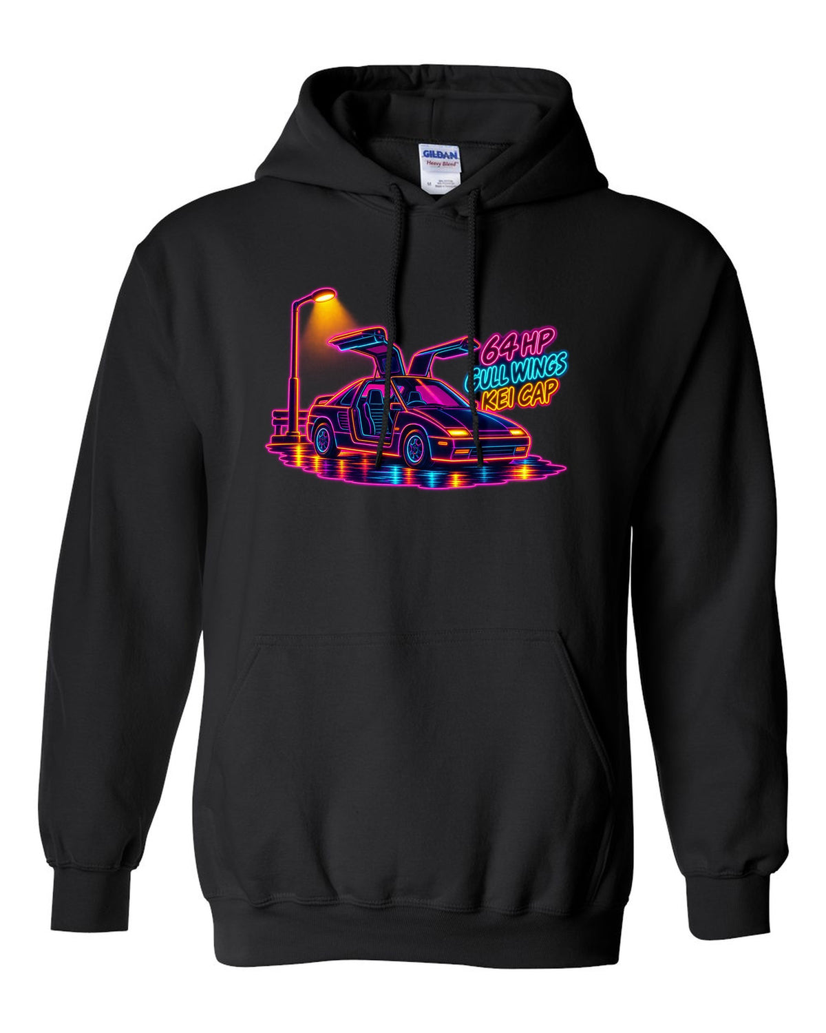 Neon synthwave line art print of an Autozam AZ-1 PG6SA with 64 HP gull wings kei cap lettering black pull over hoodie front view with the design