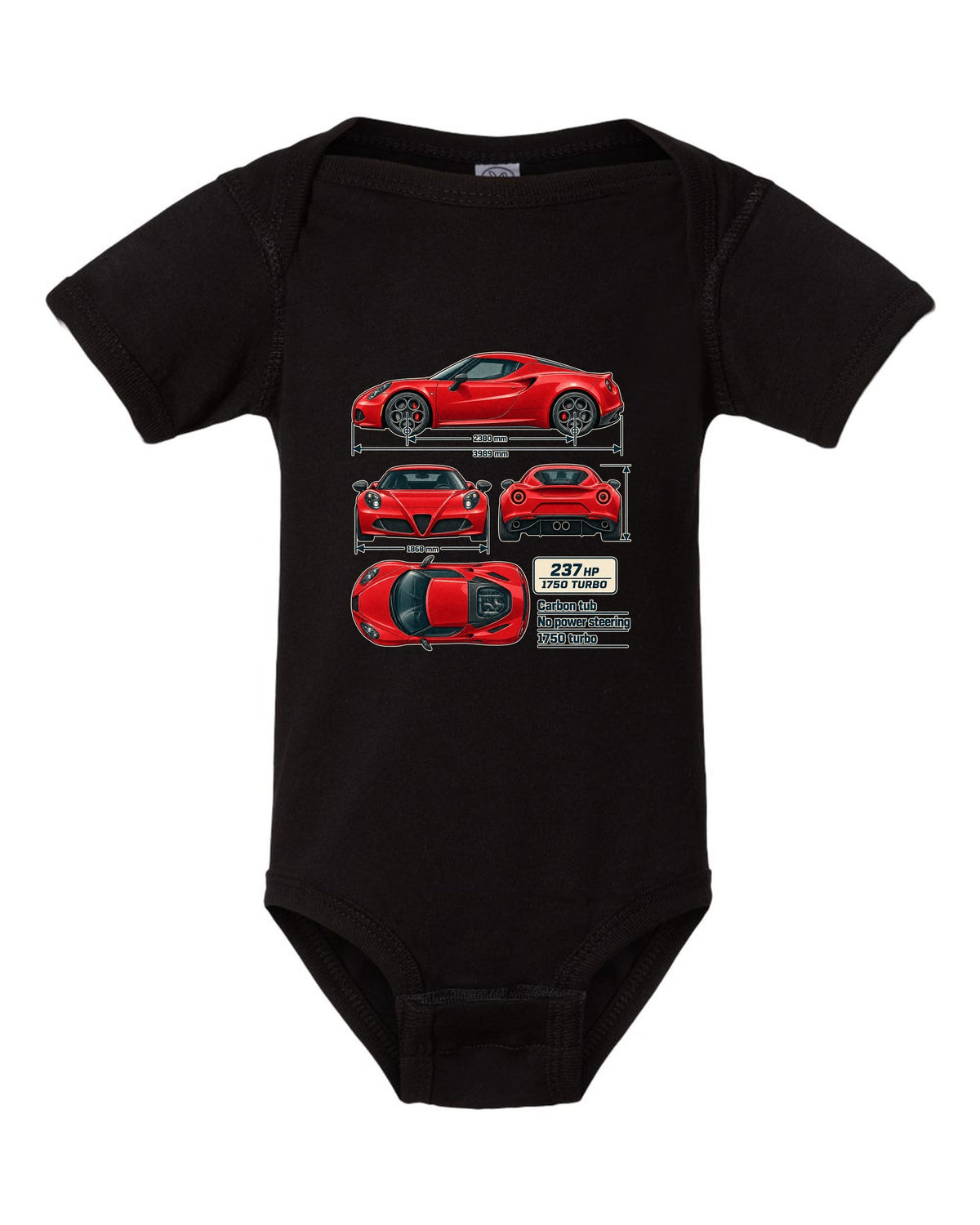 Dimension blueprint print of the Alfa Romeo 4C coupe with carbon tub and 1750 turbo callouts black baby onesie front view with the design