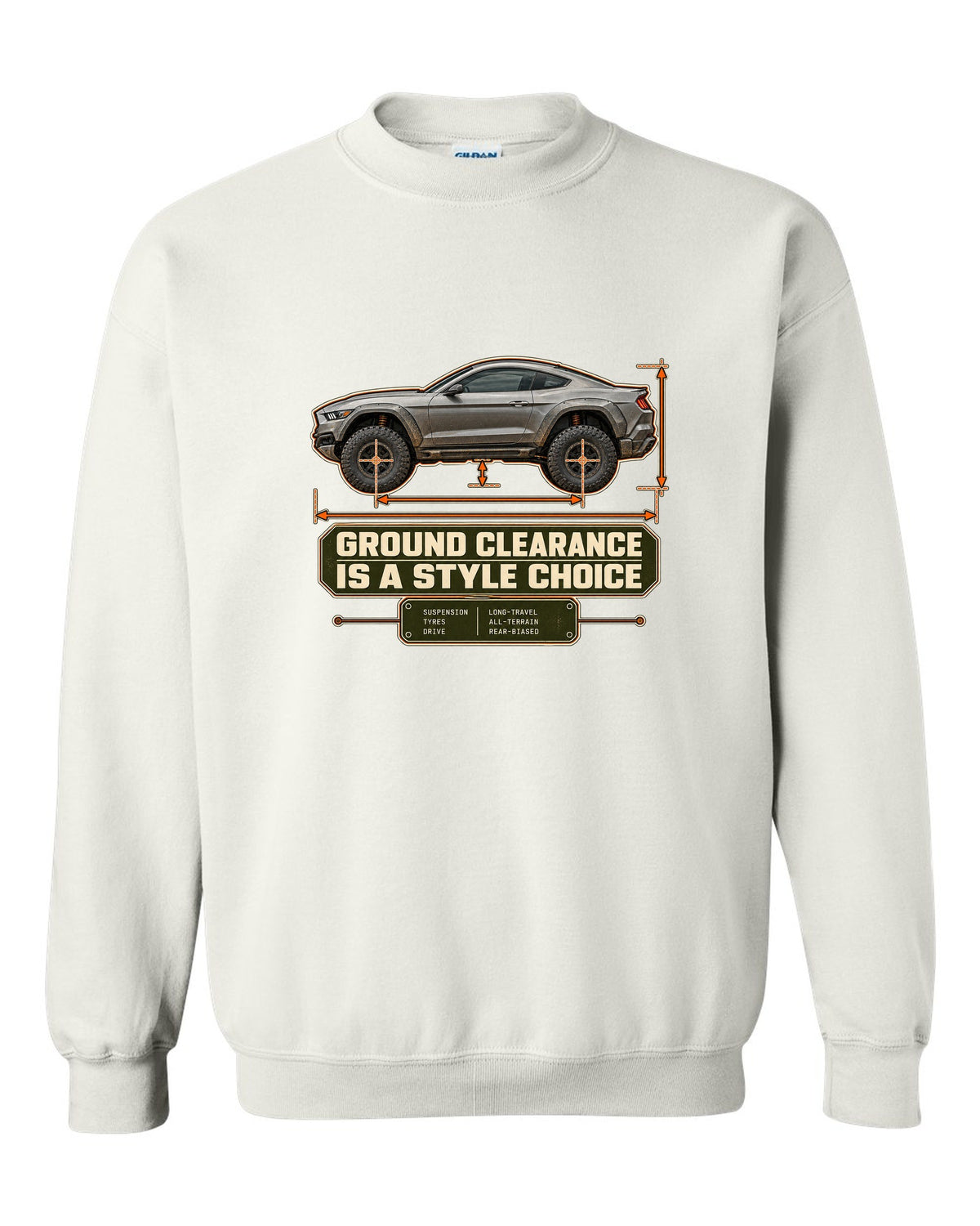 print of a Mustang Raptor concept dimension blueprint with ground clearance text white crewneck front view with the design