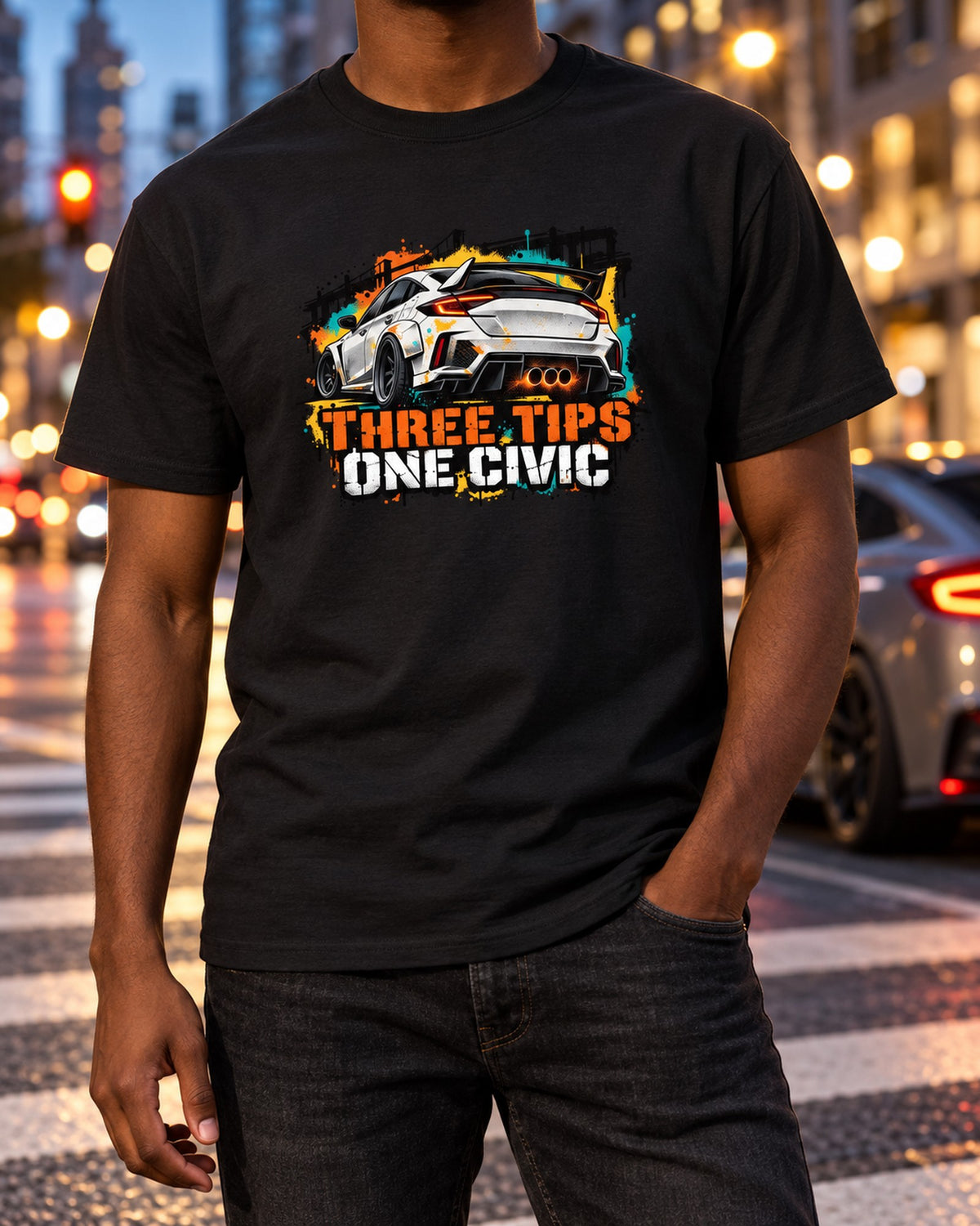 Honda Civic FL5 Stencil Street Art Shirt, Three Tips One Civic T-Shirt Black worn hero