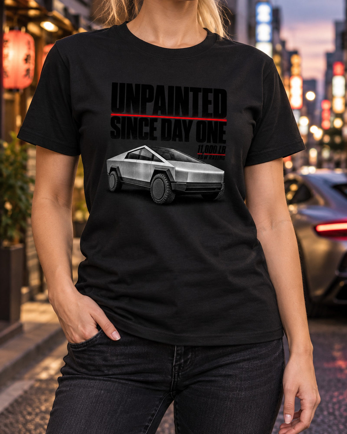 Cybertruck Unpainted Halftone Tee, 11,000 lb Tow Rating T-Shirt Black worn hero
