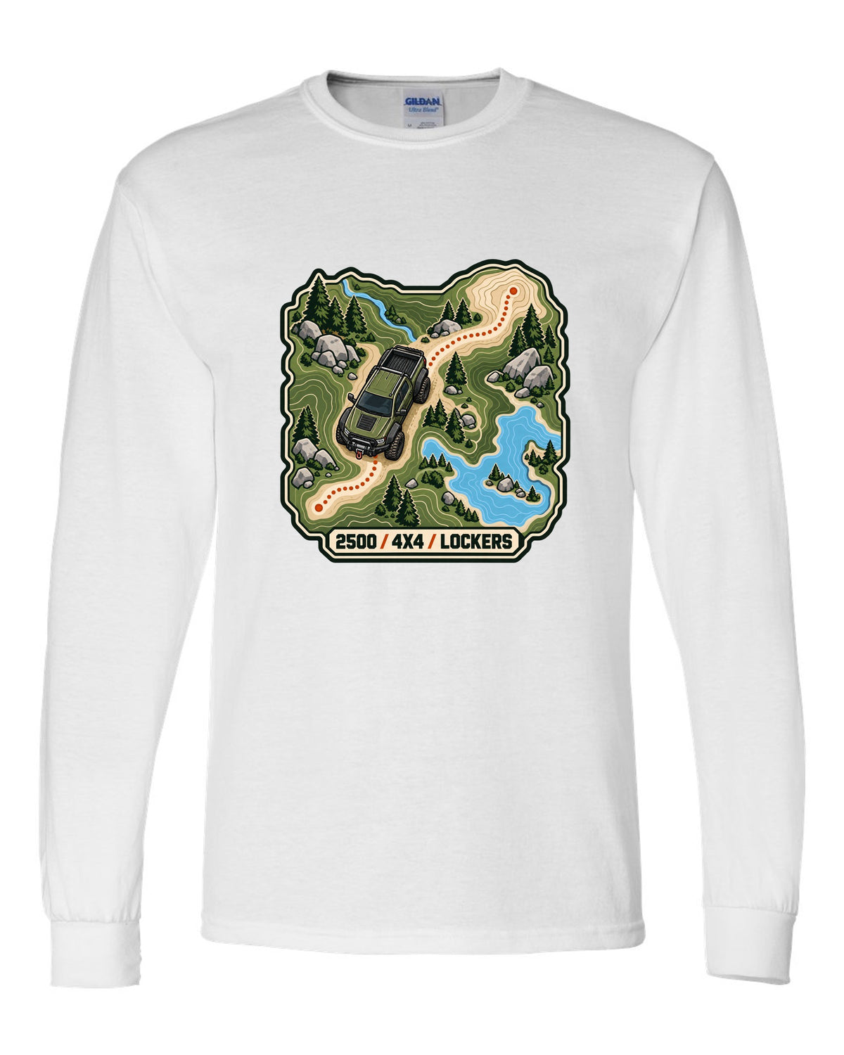 Topographic route map line art print of a Ram Power Wagon 2500 with 4x4 lockers text white long sleeve front view with the design
