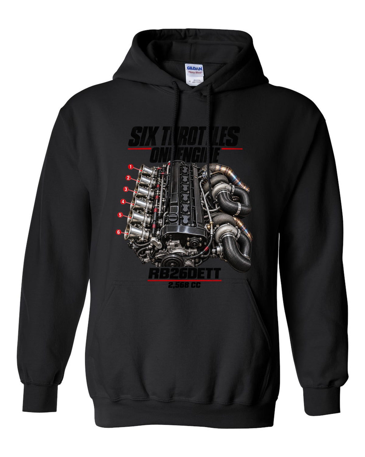 print of the RB26DETT six-throttle engine from the Nissan Skyline GT-R R32 black pull over hoodie front view with the design