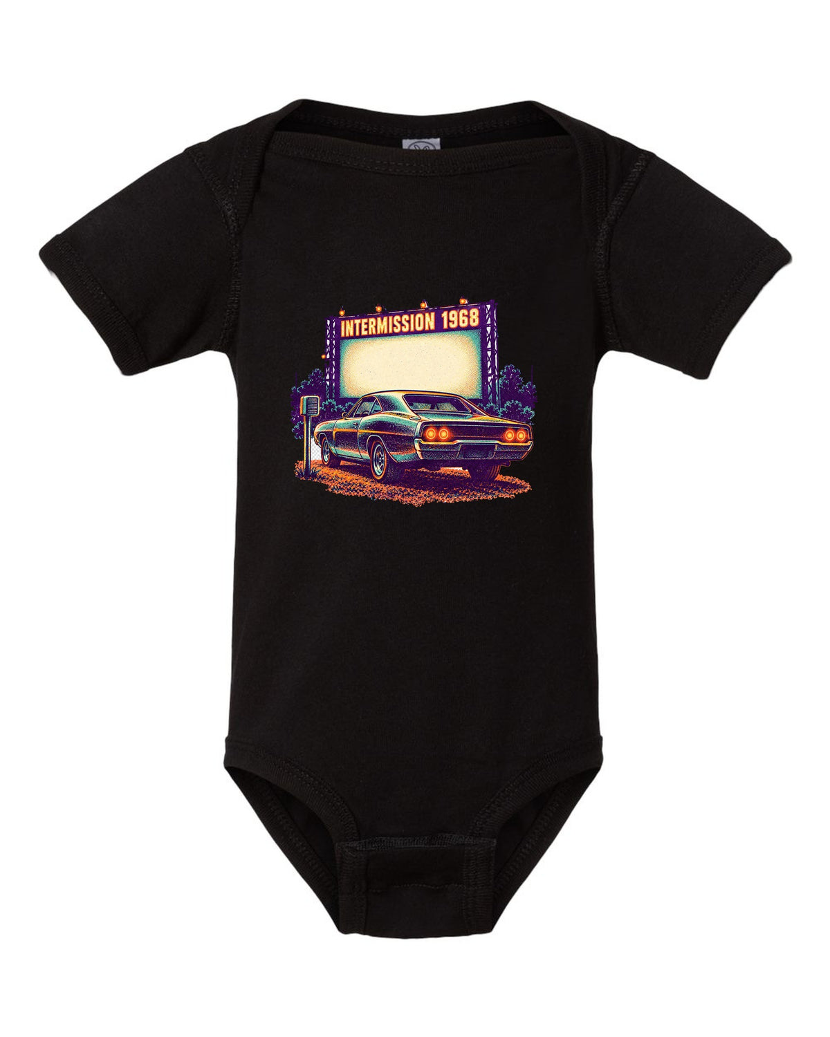 Risograph spot colour drive-in scene with a 1968 Dodge Charger R/T and INTERMISSION text black baby onesie front view with the design