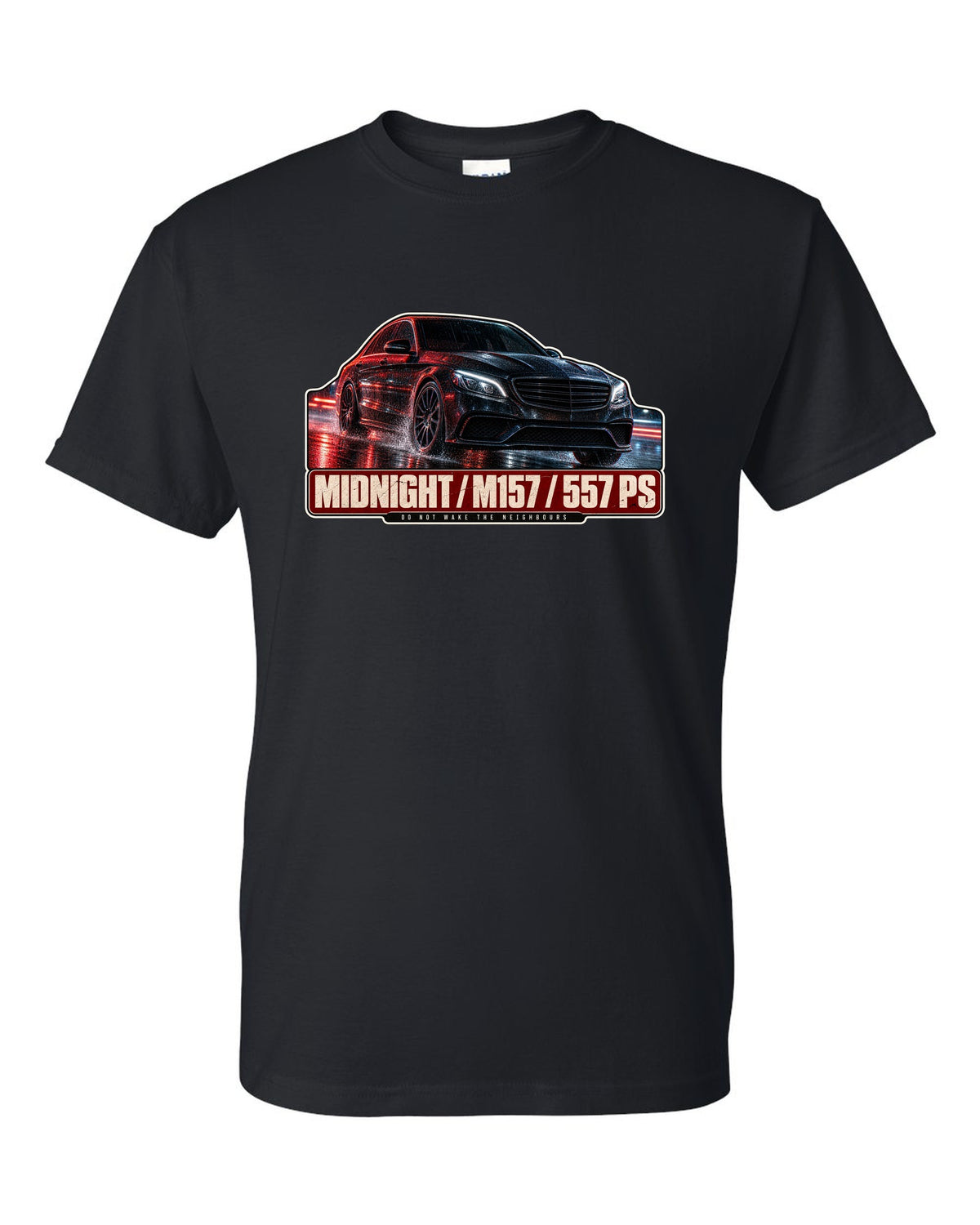 Night street print of a Mercedes-AMG E63 W212 facelift in blue and red light black t-shirt front view with the design
