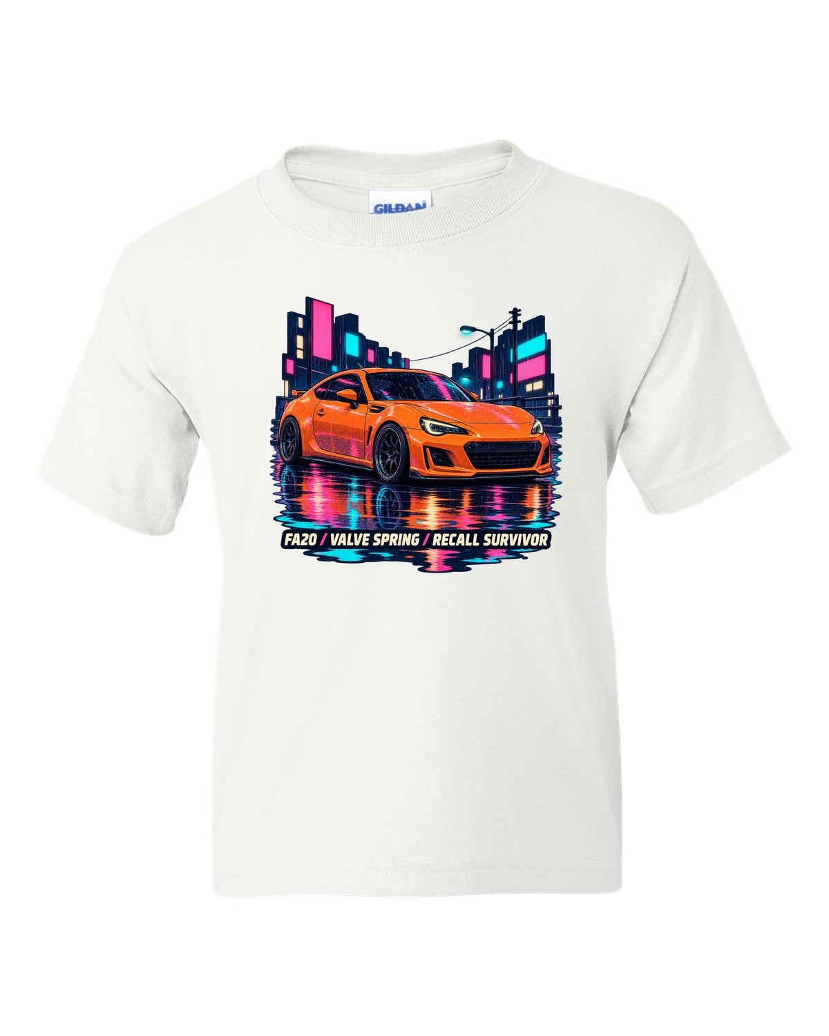 Subaru BRZ ZC6 in a rainy lo-fi anime night scene, FA20 / VALVE SPRING / RECALL SURVIVOR white kids tee front view with the design