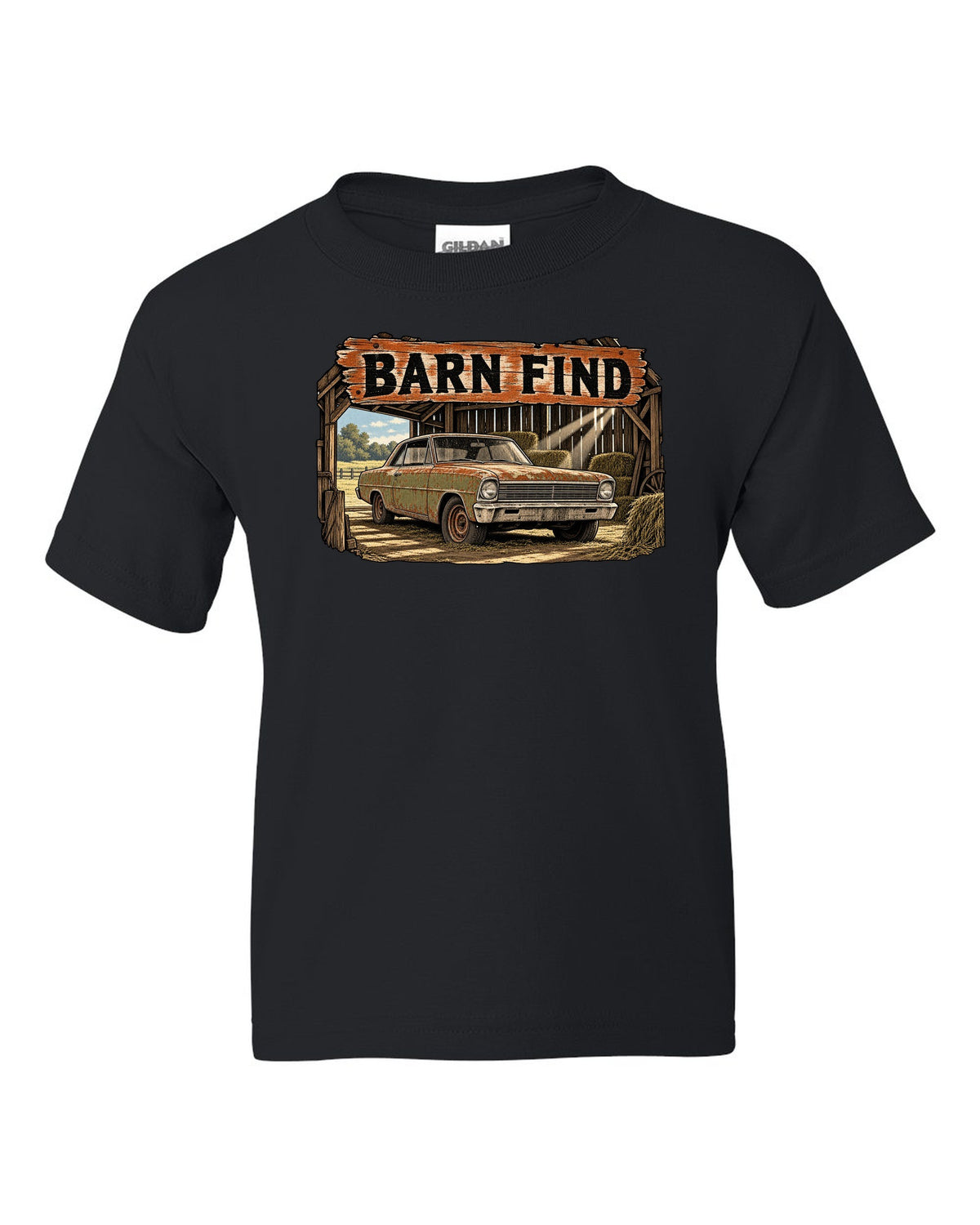 Retro manga halftone print of a 1966 Chevrolet Nova Chevy II with the text Barn Find black kids tee front view with the design