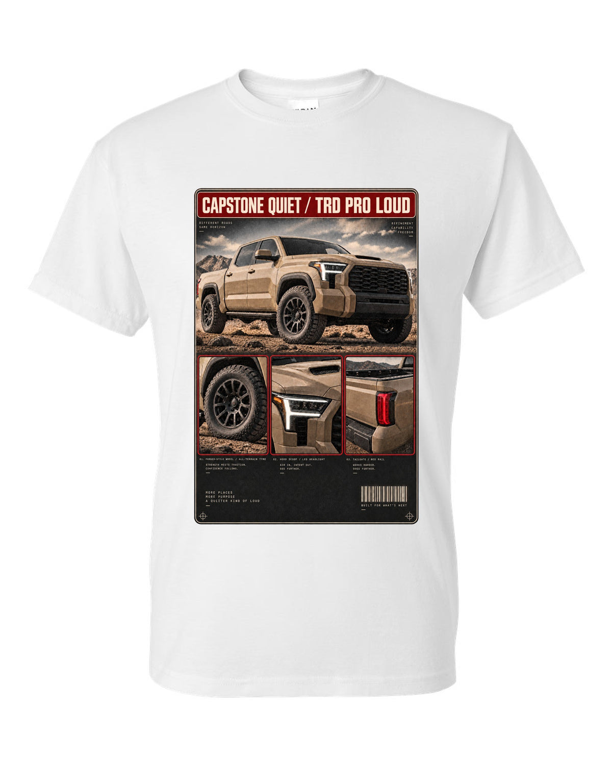 Toyota Tundra TRD Pro CrewMax dossier panel design white t-shirt front view with the design