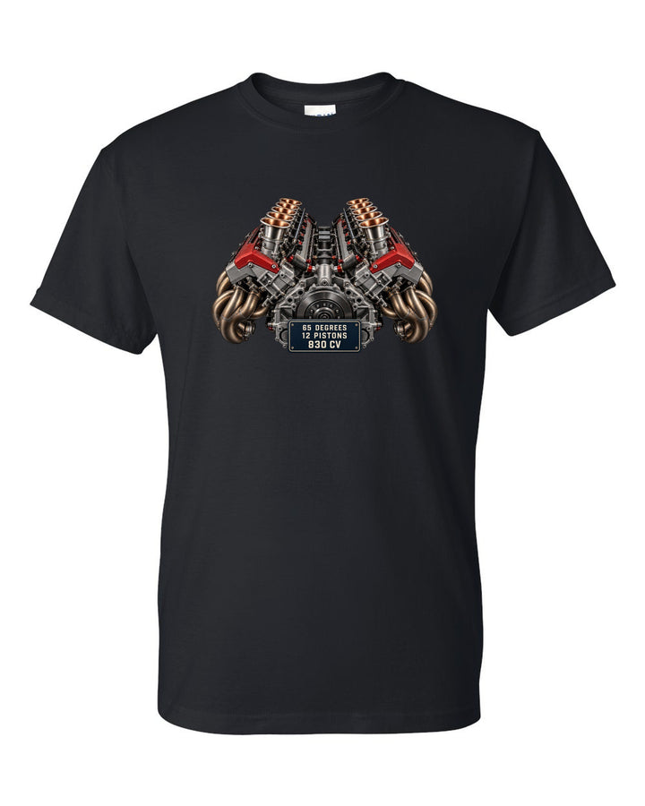 Engine bay print of the Ferrari 12Cilindri F140HD V12 black t-shirt front view with the design