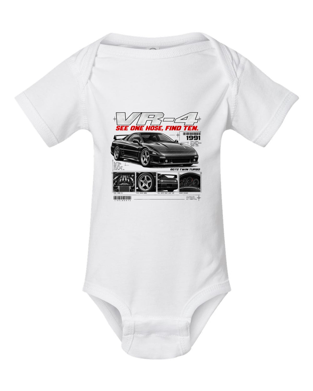 Mitsubishi 3000GT VR-4 Z16A dossier panel print with 6G72 twin turbo text white baby onesie front view with the design