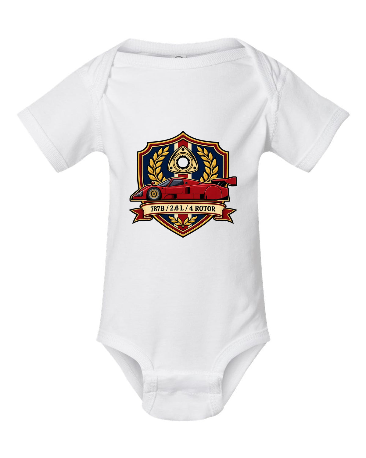 Comic halftone pop art design of the Mazda 787B with R26B SCREAMS / 9000 RPM lettering white baby onesie front view with the design